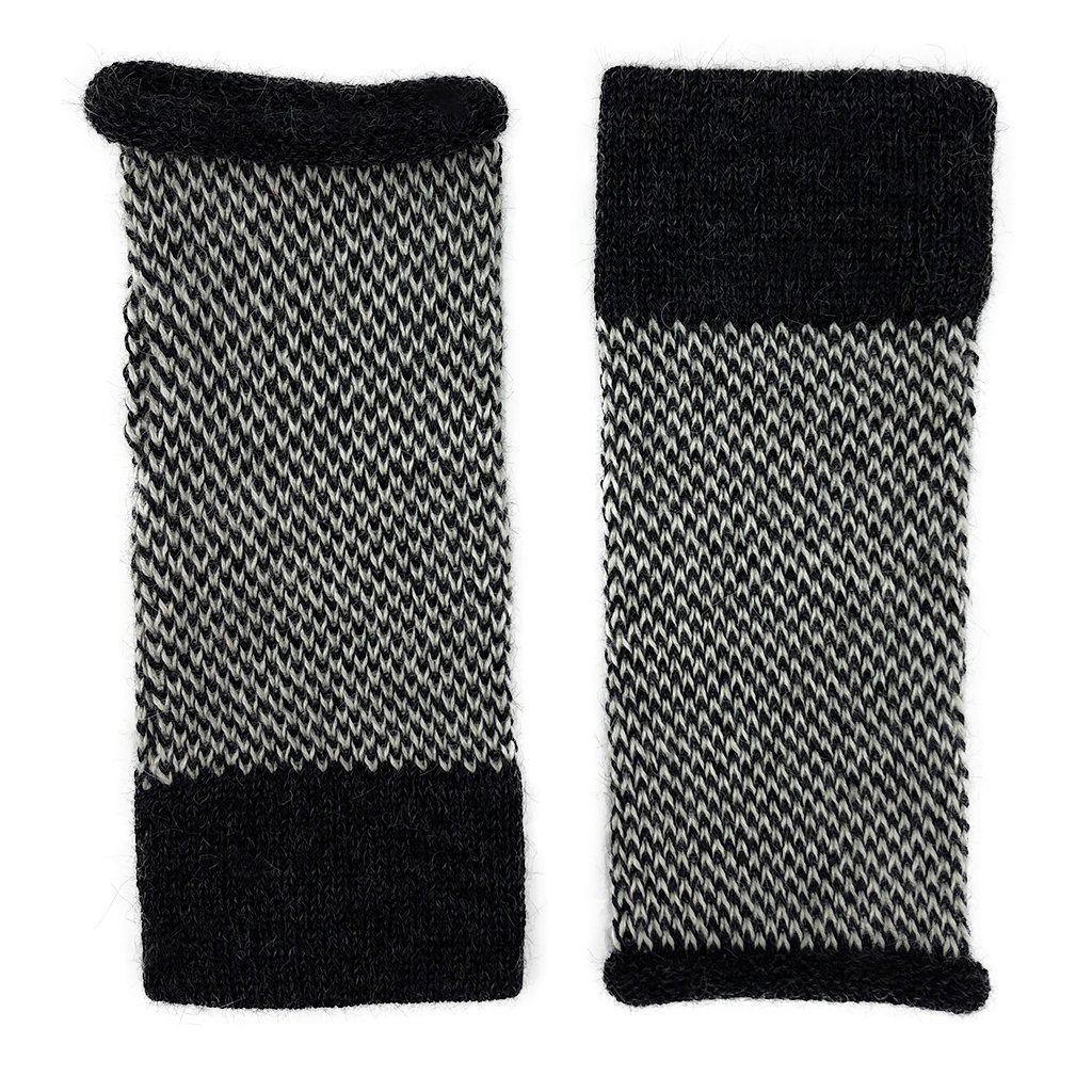 Midnight Interwoven Alpaca Gloves featuring a textured black and white design, fingerless style for functionality, and a long design for warmth.