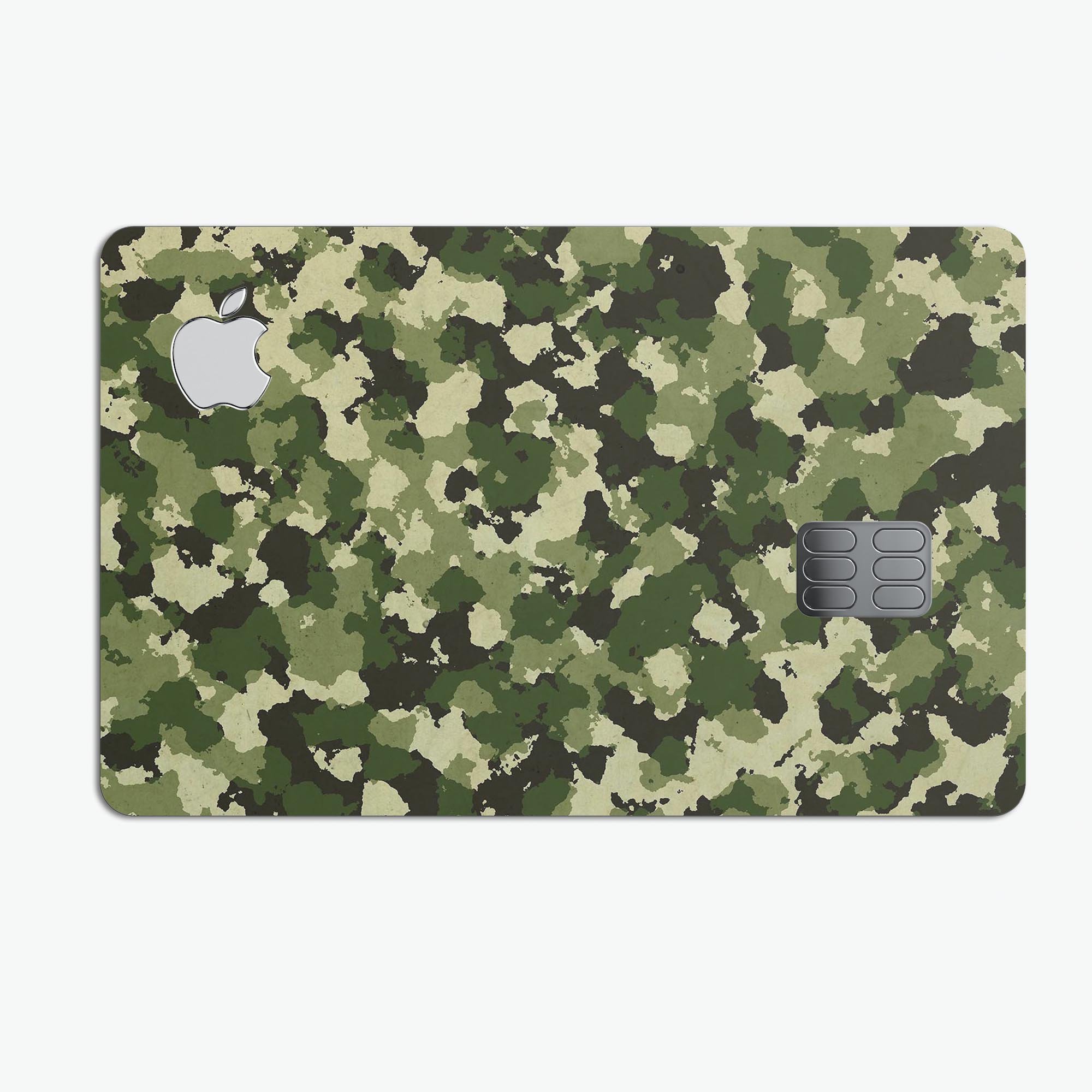 Military Camouflage V1 decal skin-kit for Apple Card, showcasing its protective features and stylish design.