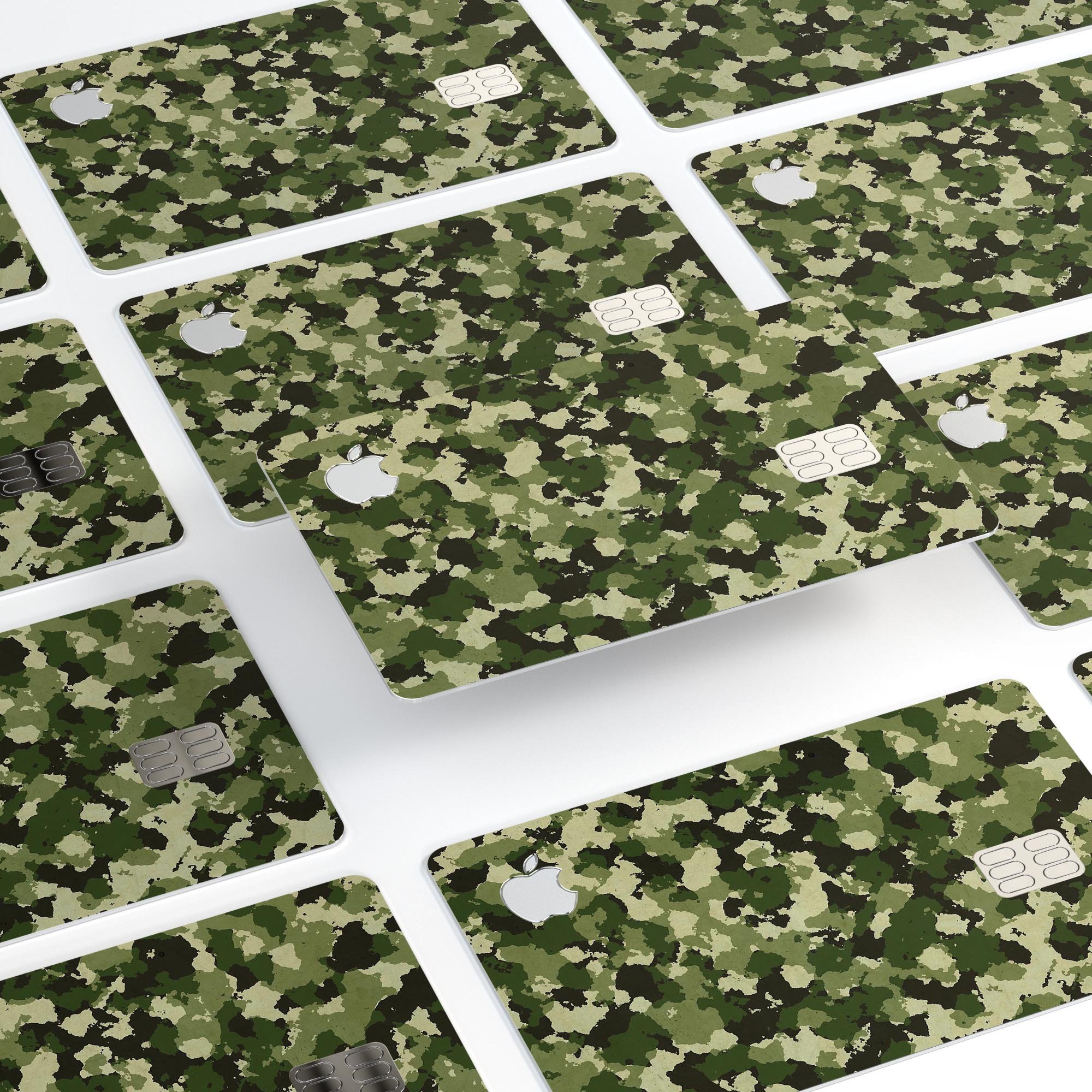 Military Camouflage V1 decal skin-kit for Apple Card, showcasing its protective features and stylish design.