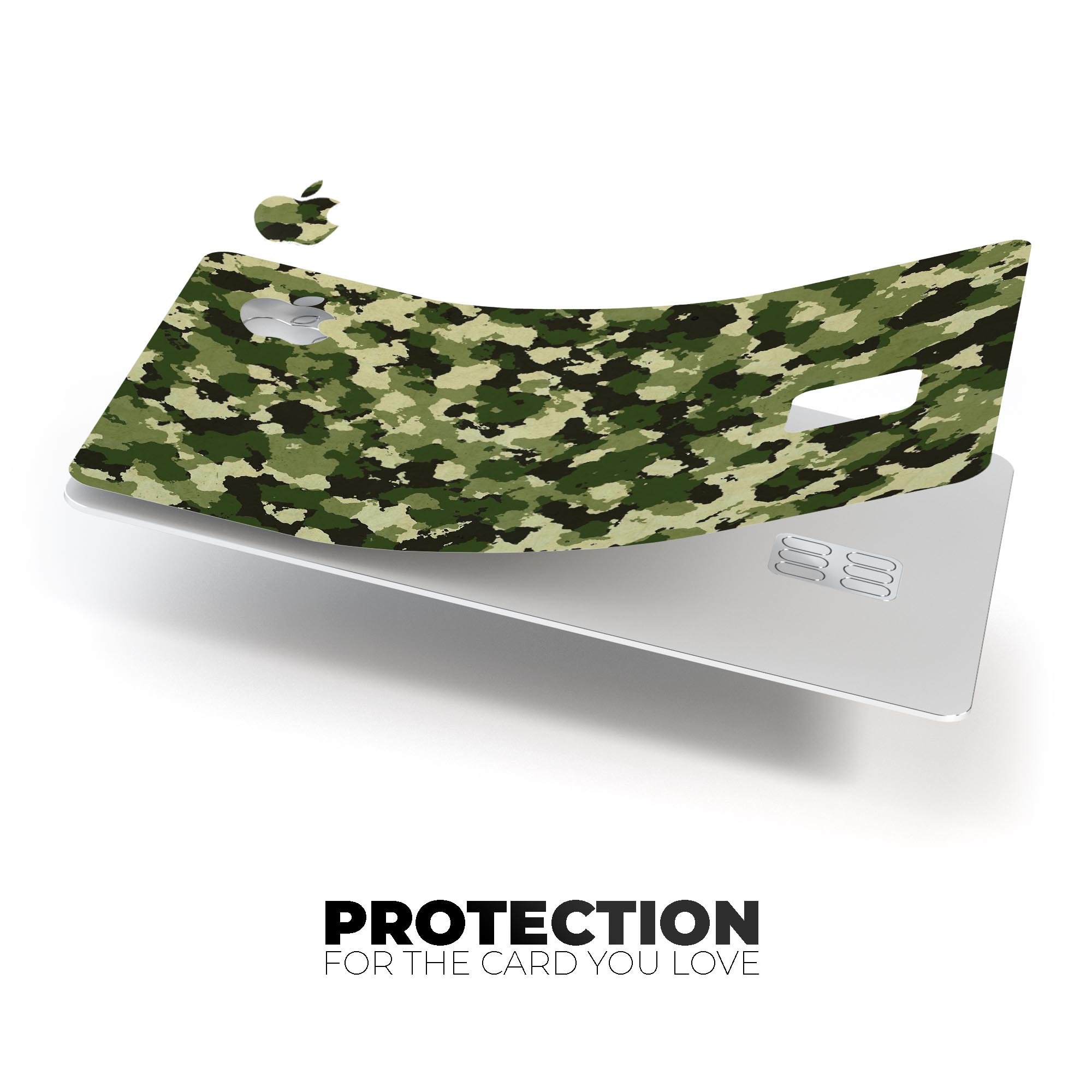 Military Camouflage V1 decal skin-kit for Apple Card, showcasing its protective features and stylish design.