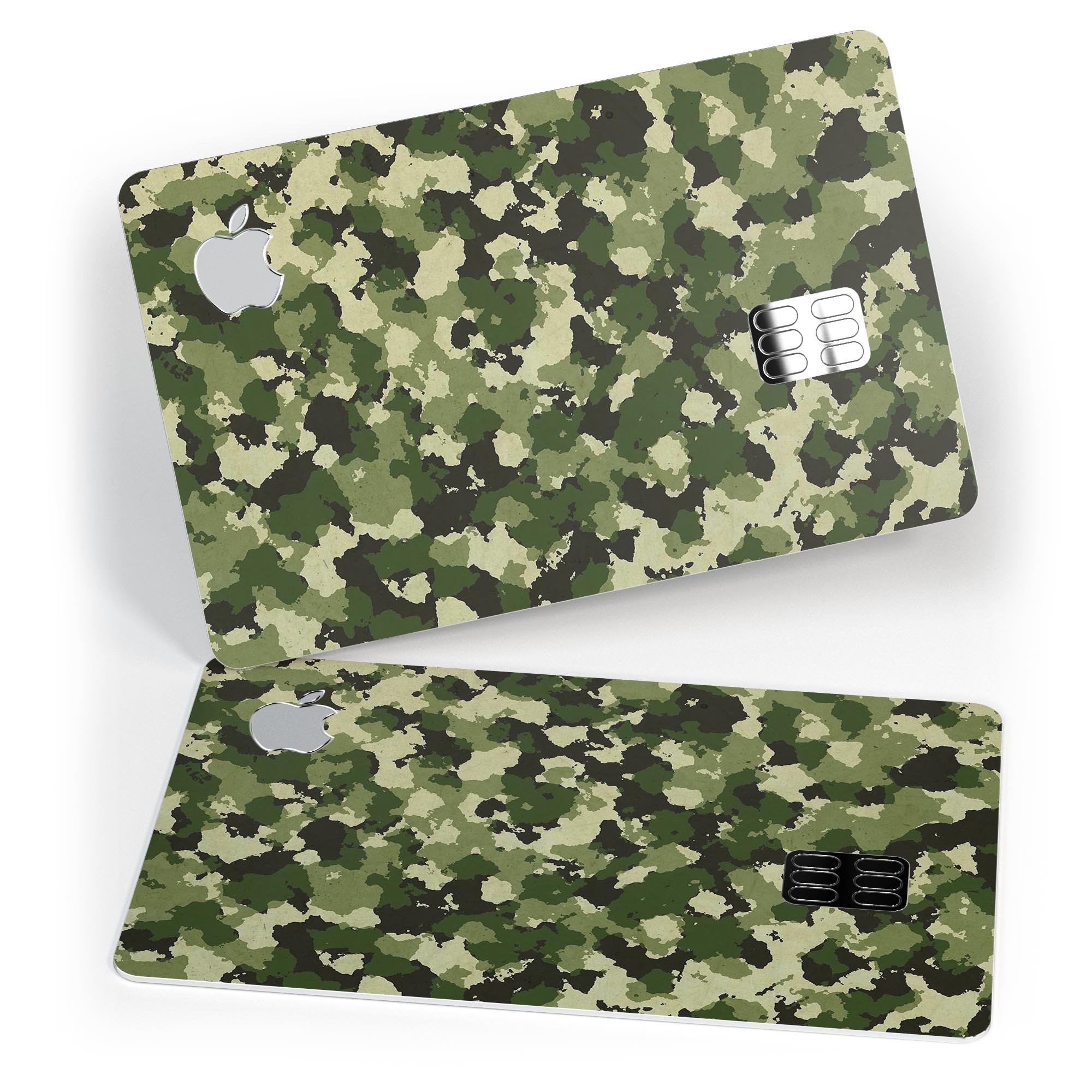 Military Camouflage V1 decal skin-kit for Apple Card, showcasing its protective features and stylish design.