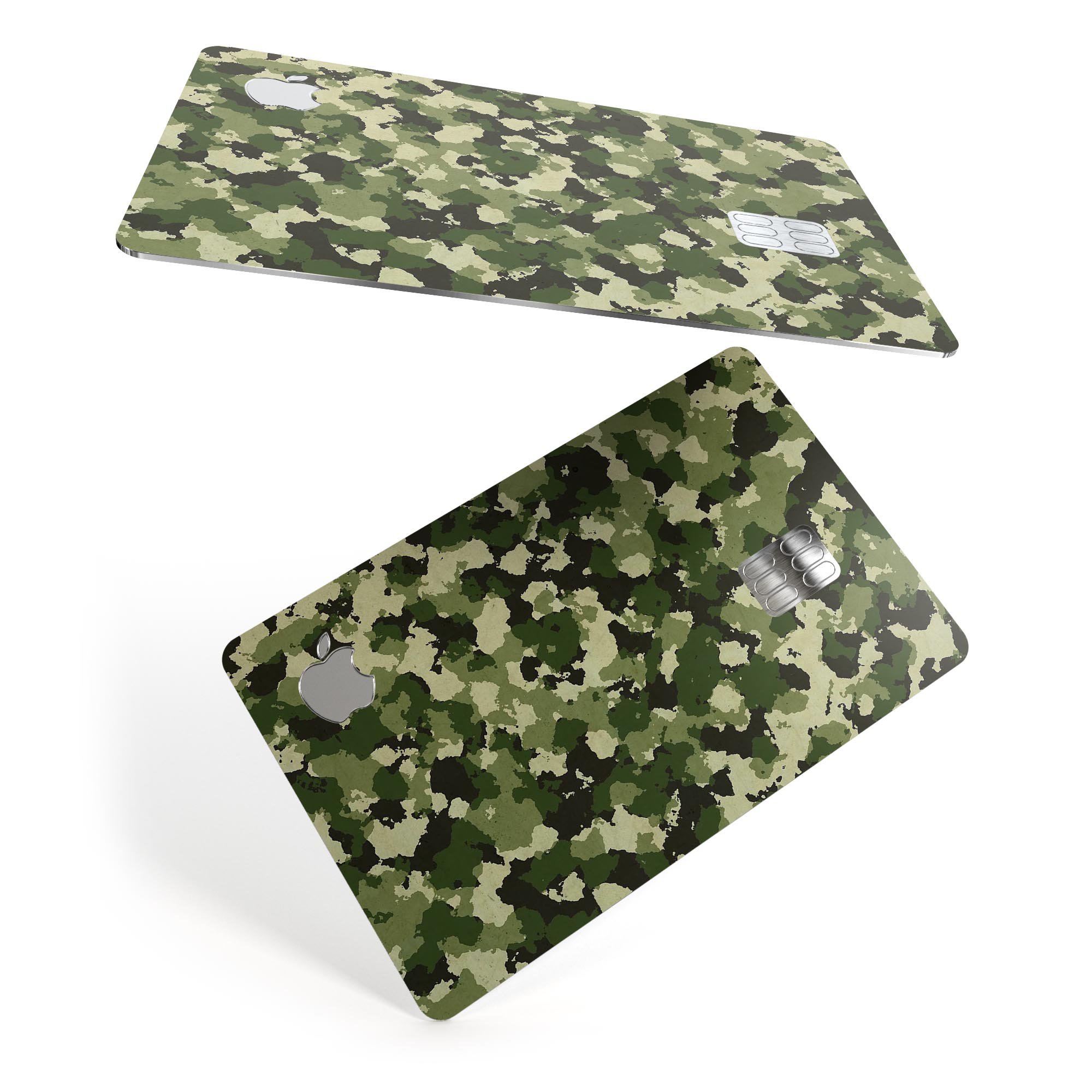 Military Camouflage V1 decal skin-kit for Apple Card, showcasing its protective features and stylish design.