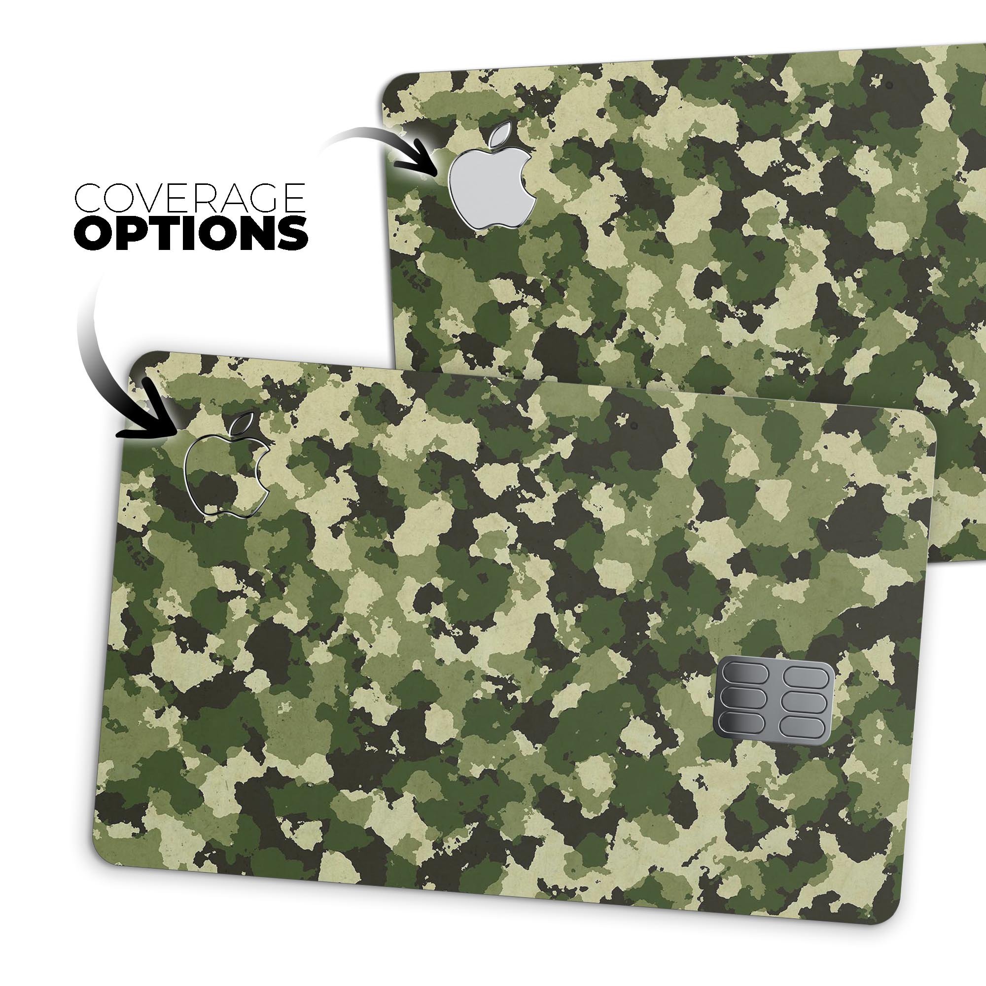 Military Camouflage V1 decal skin-kit for Apple Card, showcasing its protective features and stylish design.