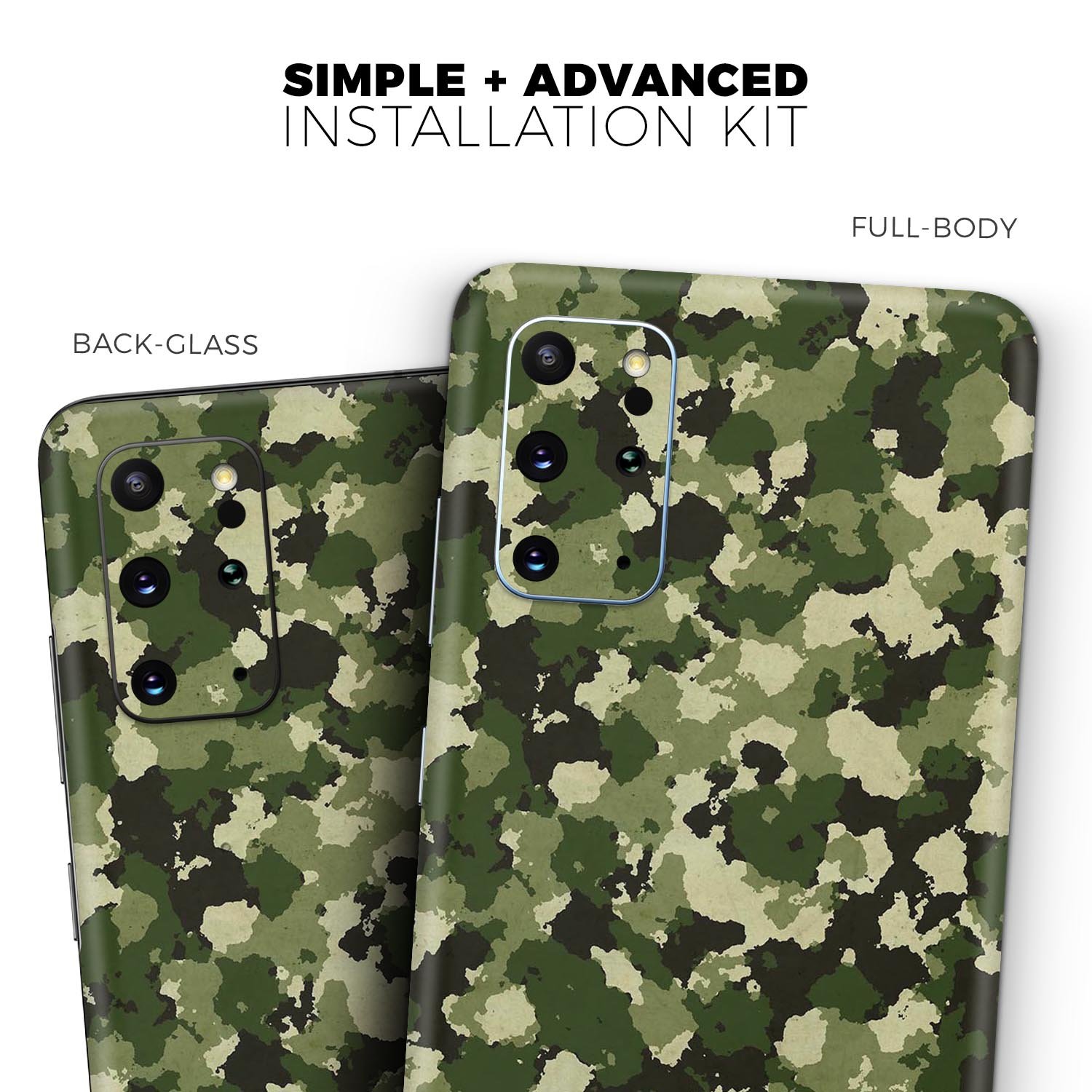 Military Camouflage V1 Skin-Kit for Samsung Galaxy S20, showcasing a stylish design with a durable vinyl finish.