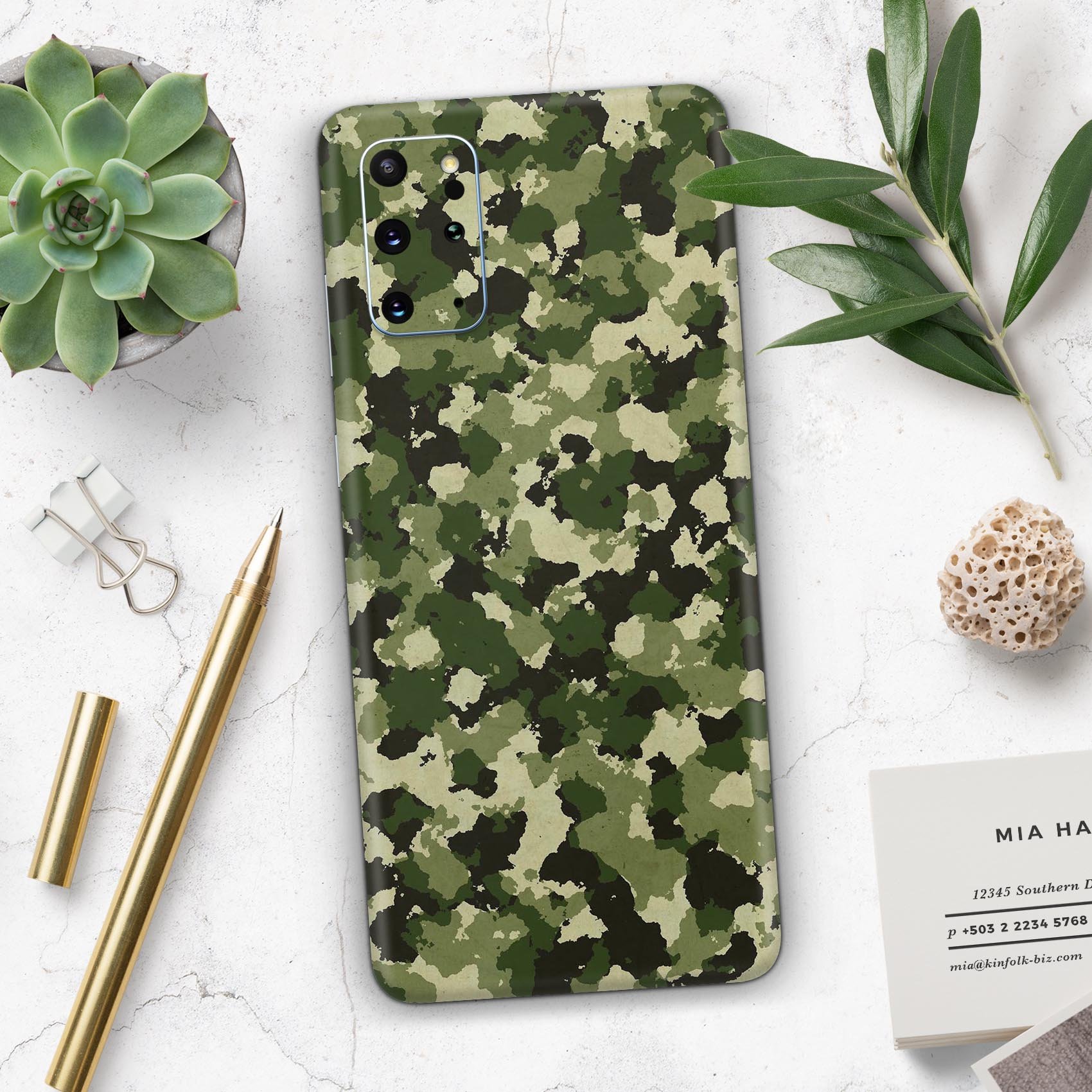 Military Camouflage V1 Skin-Kit for Samsung Galaxy S20, showcasing a stylish design with a durable vinyl finish.