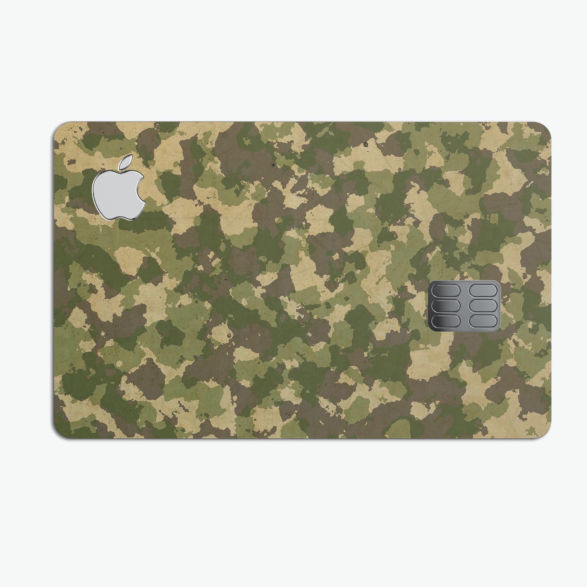 Military Camouflage V2 decal skin-kit for Apple Card, showcasing premium vinyl design and protective features.