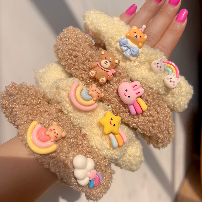 Milk Coffee Color Lamb Plush Hair Tie featuring a cute lamb design, soft and fuzzy material, perfect for stylish hair management.