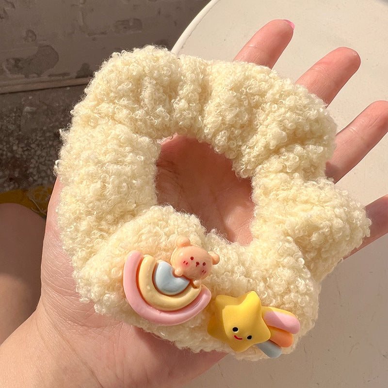 Milk Coffee Color Lamb Plush Hair Tie featuring a cute lamb design, soft and fuzzy material, perfect for stylish hair management.