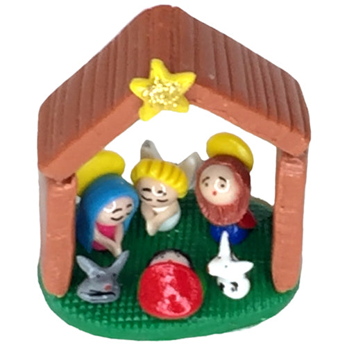 Miniature Dough House Nativity handcrafted from bread dough, featuring vibrant colors and intricate details, perfect for collectors.