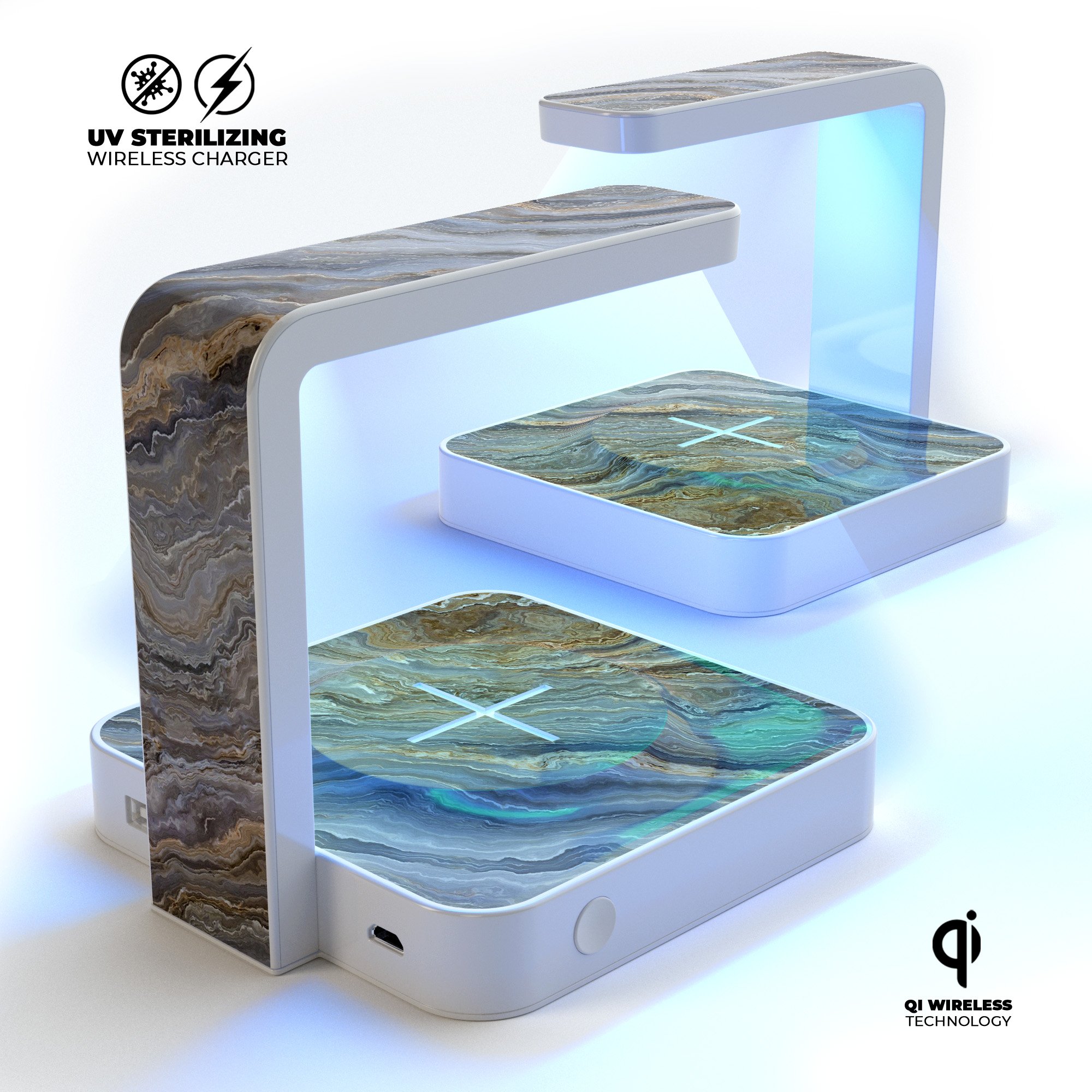 Minimalistic Marble Slate V52 UV Germicidal Sanitizing Sterilizing charger with wireless charging and sterilization features.