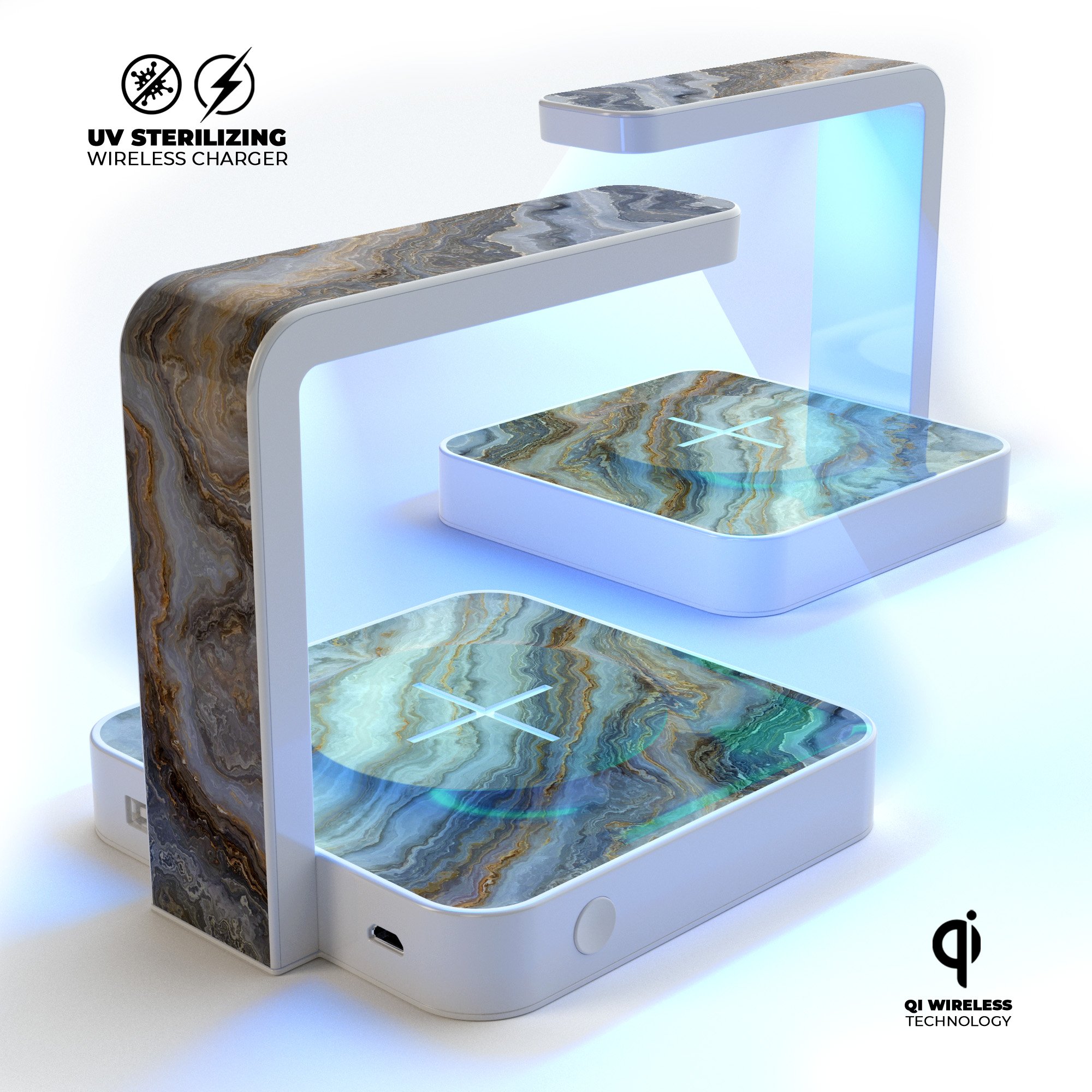 Minimalistic Marble Slate V54 UV Germicidal Sanitizing Sterilizing charger with a sleek design, showcasing its wireless charging and sterilizing features.