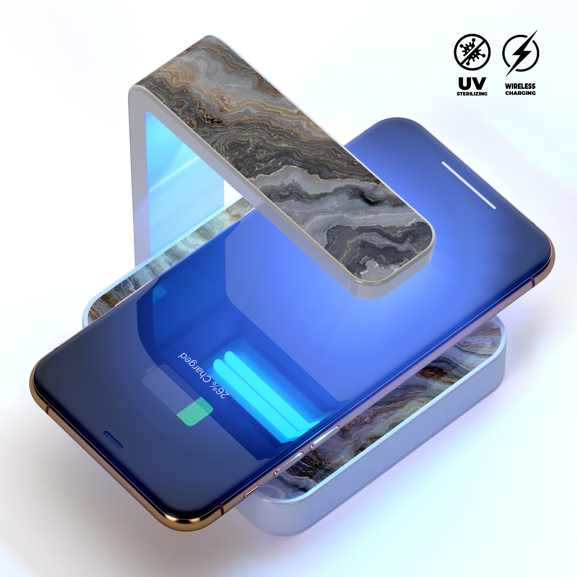 Minimalistic Marble Slate V54 UV Germicidal Sanitizing Sterilizing charger with a sleek design, showcasing its wireless charging and sterilizing features.