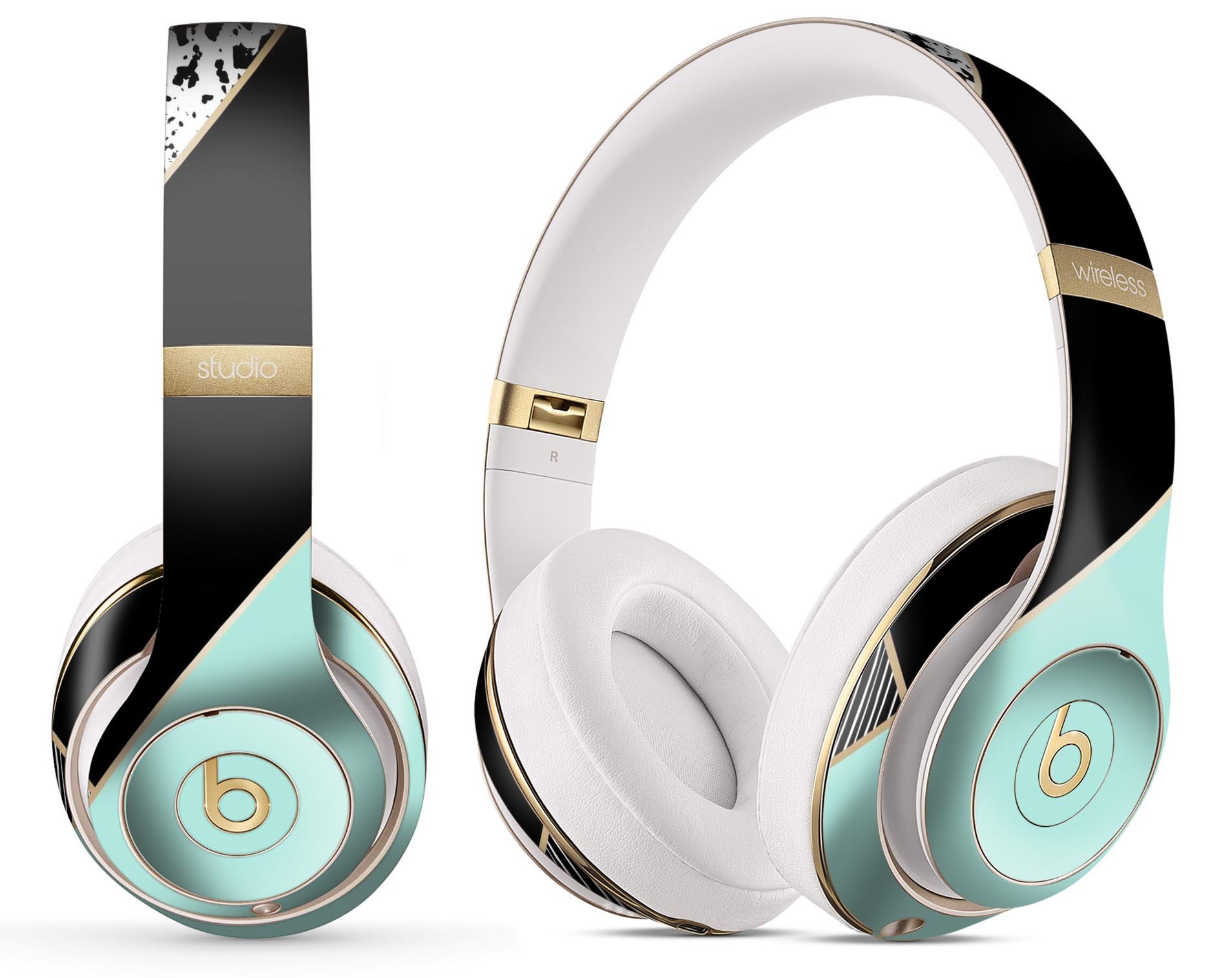 Minimalistic mint and gold striped skin decal wrap for Beats by Dre headphones, showcasing a sleek design and premium finish.