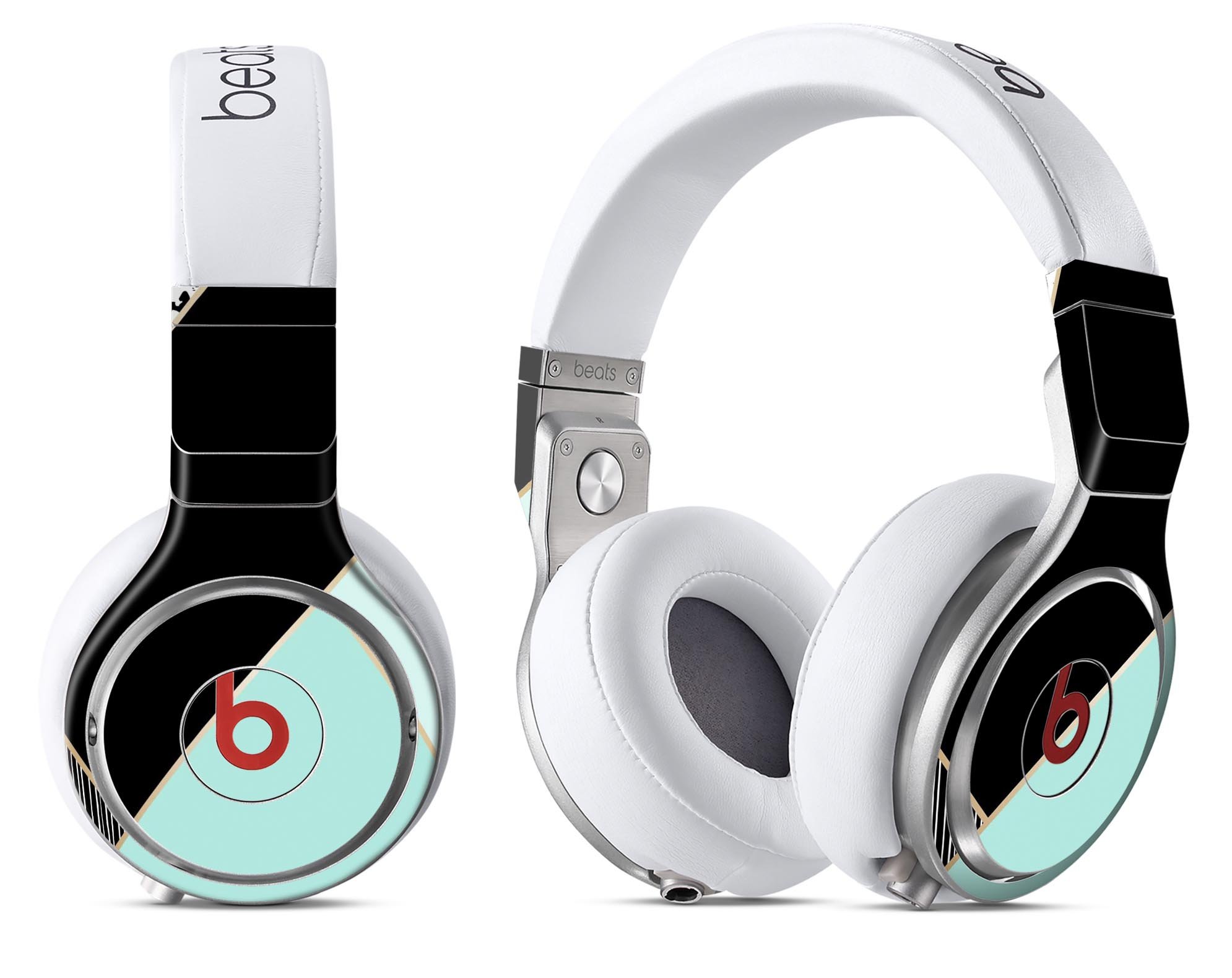 Minimalistic mint and gold striped skin decal wrap for Beats by Dre headphones, showcasing a sleek design and premium finish.