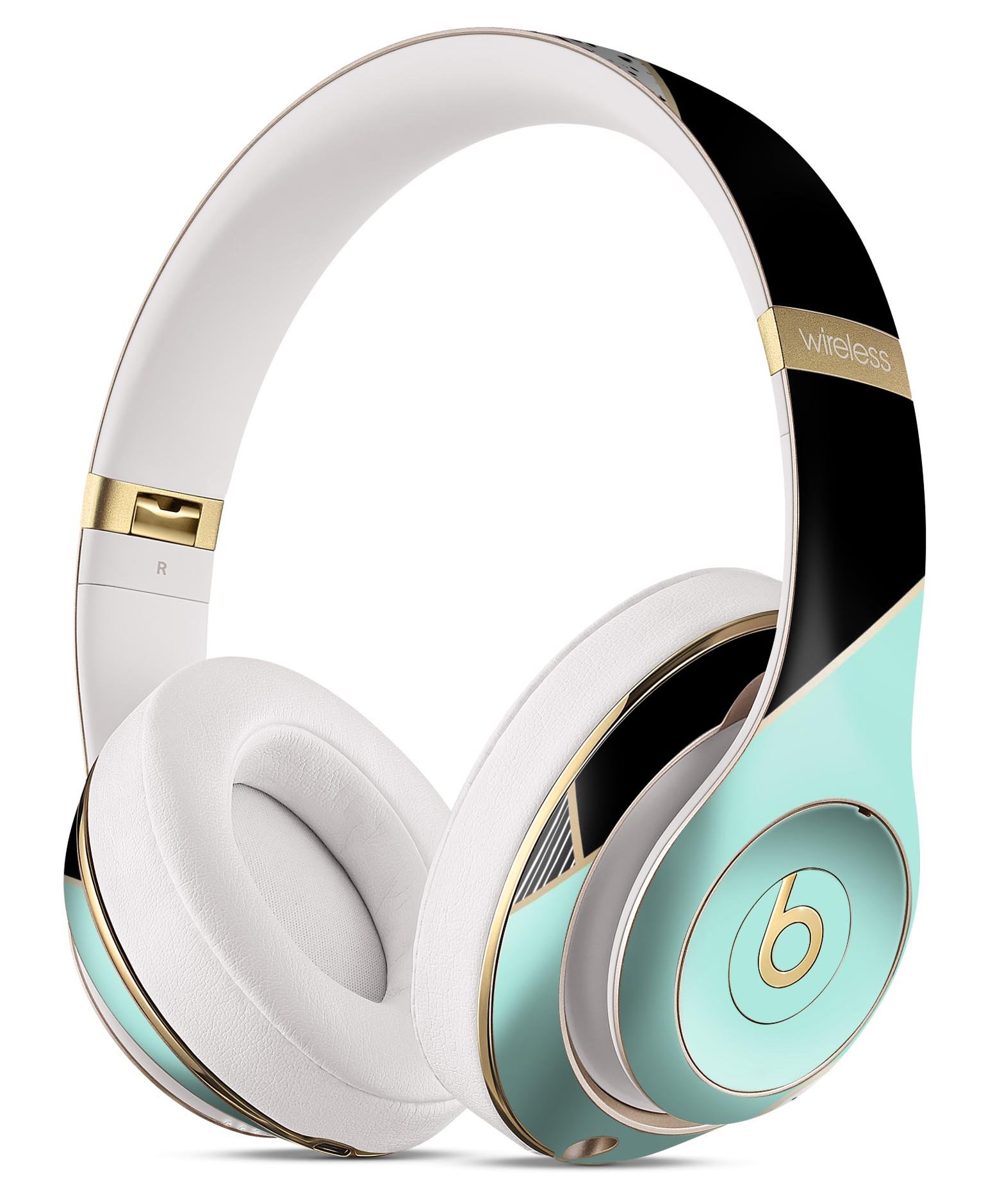 Minimalistic mint and gold striped skin decal wrap for Beats by Dre headphones, showcasing a sleek design and premium finish.