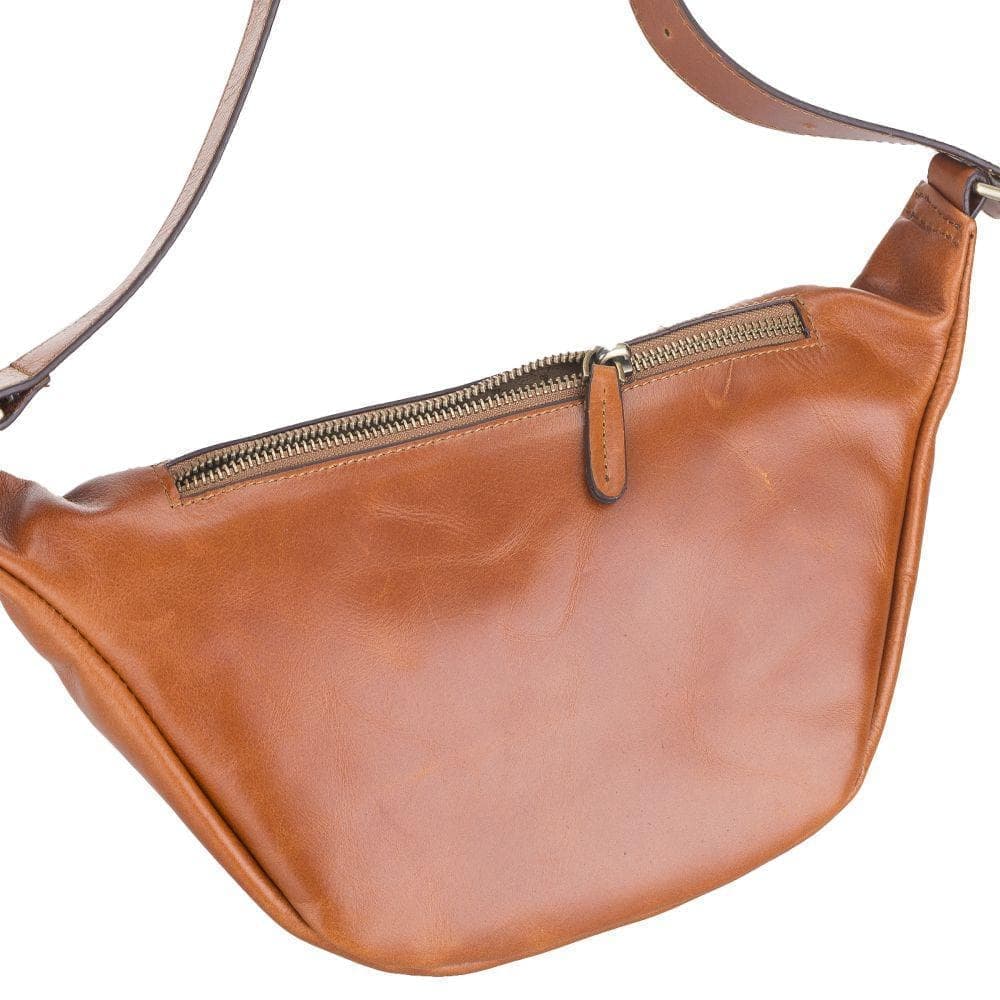 Minoan Genuine Leather Waist Bag showcasing its stylish design and adjustable strap, perfect for both men and women.