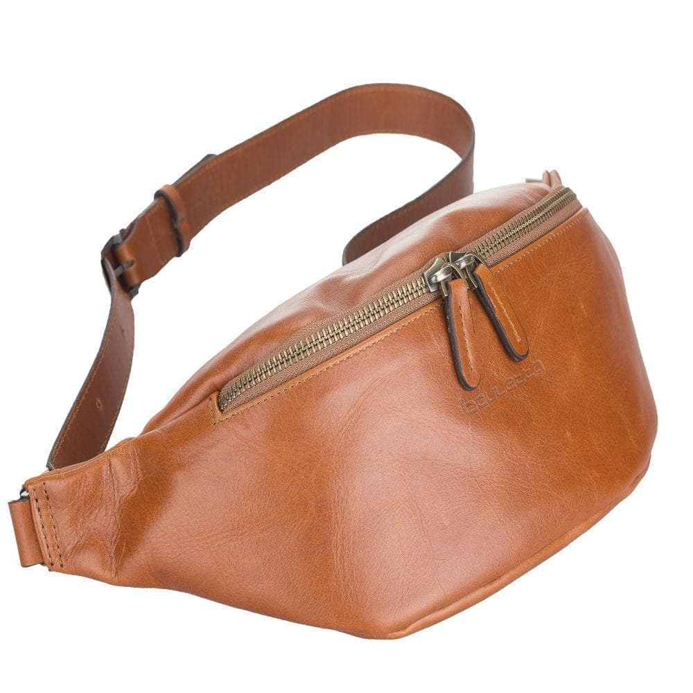 Minoan Genuine Leather Waist Bag showcasing its stylish design and adjustable strap, perfect for both men and women.