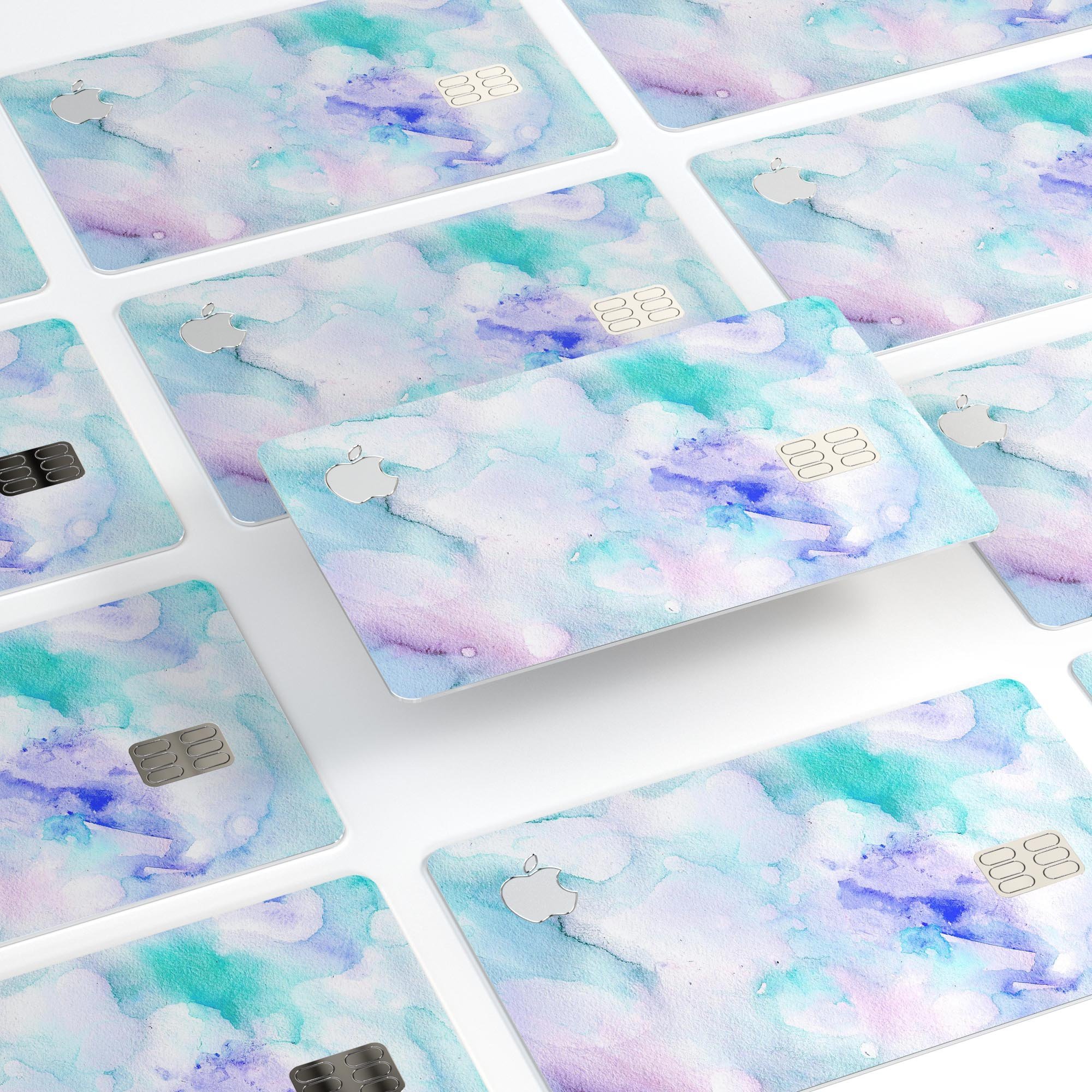 Mint 9 Absorbed Watercolor Texture skin for Apple Card, showcasing vibrant colors and a protective design.