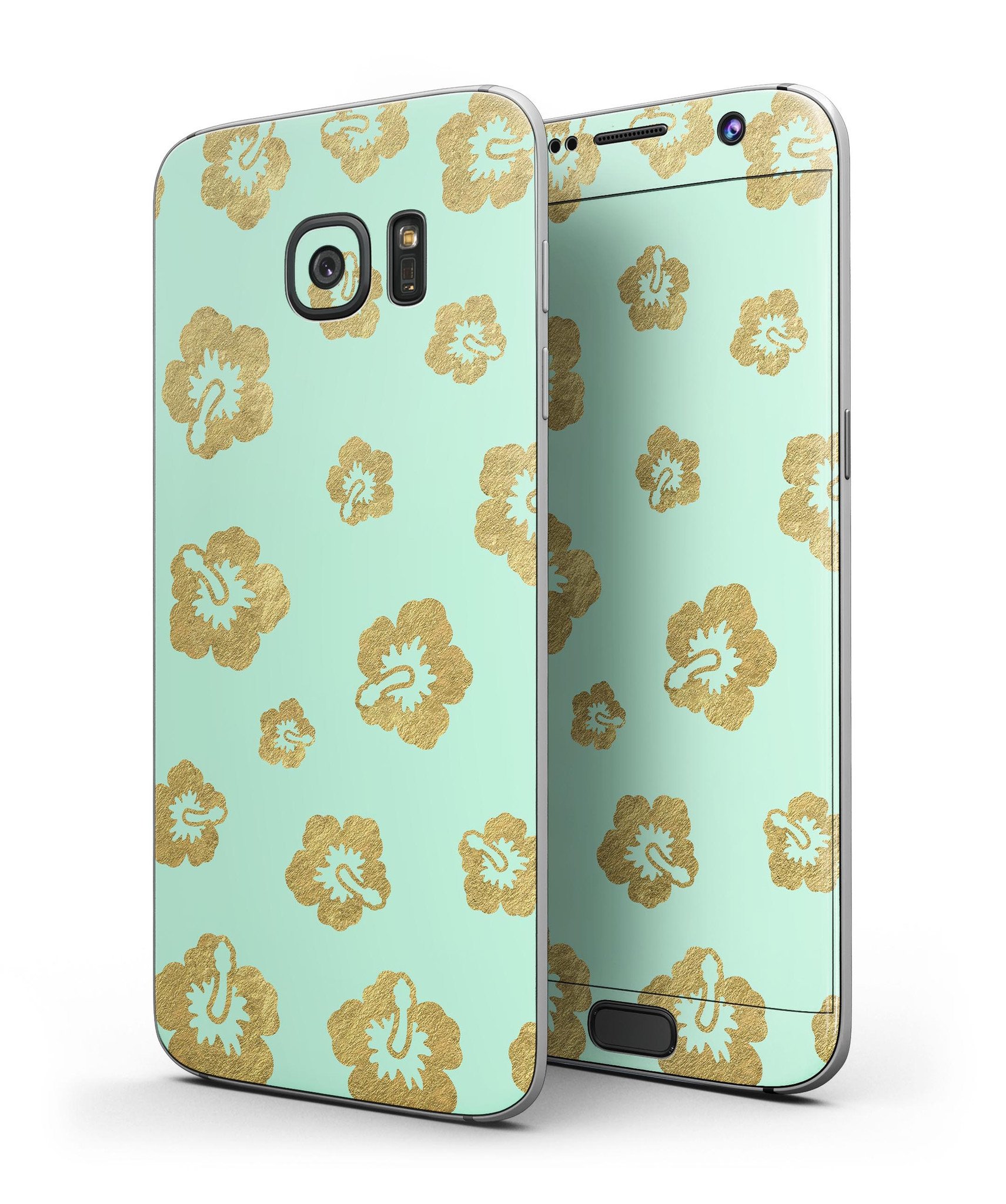 Mint and Gold Floral Full Body Skin-Kit for Samsung Galaxy S7, showcasing vibrant floral design and premium vinyl material.