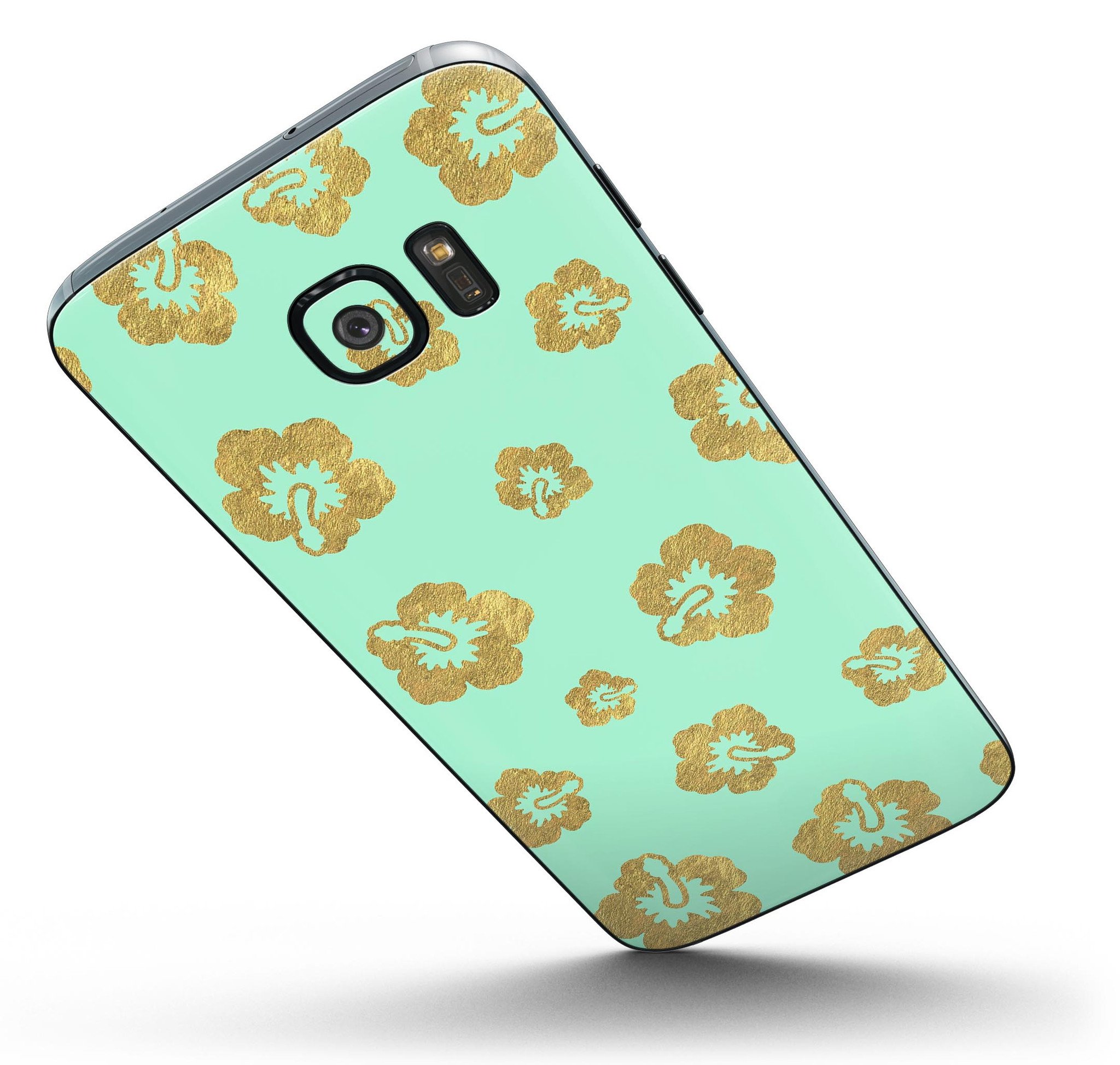 Mint and Gold Floral Full Body Skin-Kit for Samsung Galaxy S7, showcasing vibrant floral design and premium vinyl material.