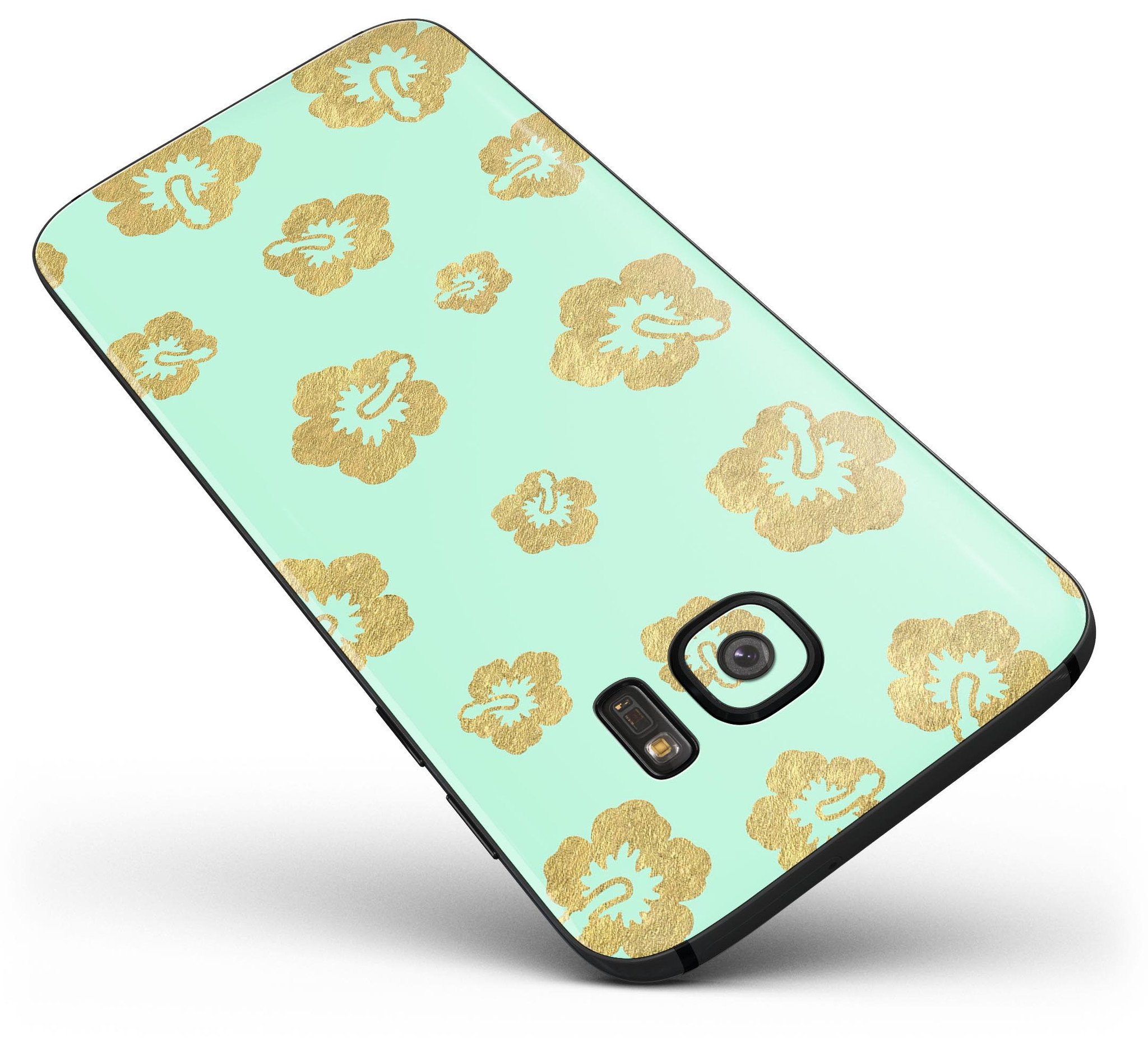 Mint and Gold Floral Full Body Skin-Kit for Samsung Galaxy S7, showcasing vibrant floral design and premium vinyl material.