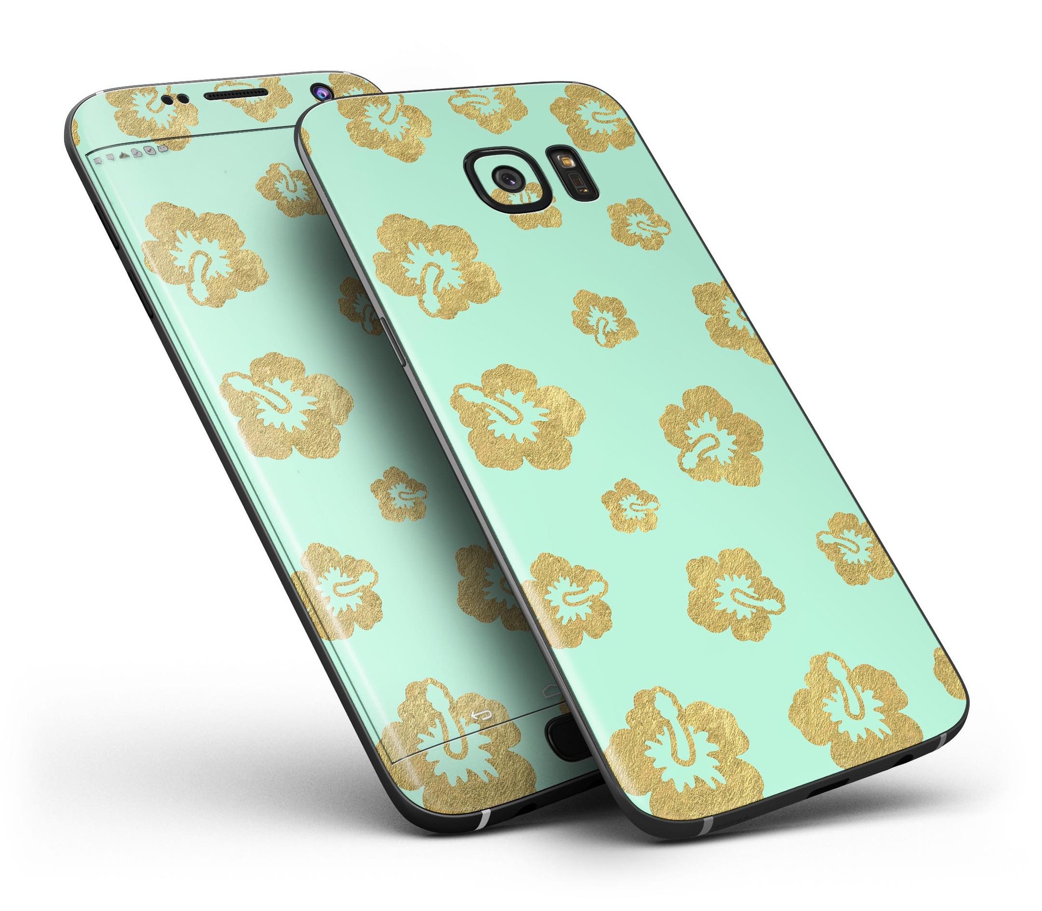 Mint and Gold Floral Full Body Skin-Kit for Samsung Galaxy S7, showcasing vibrant floral design and premium vinyl material.