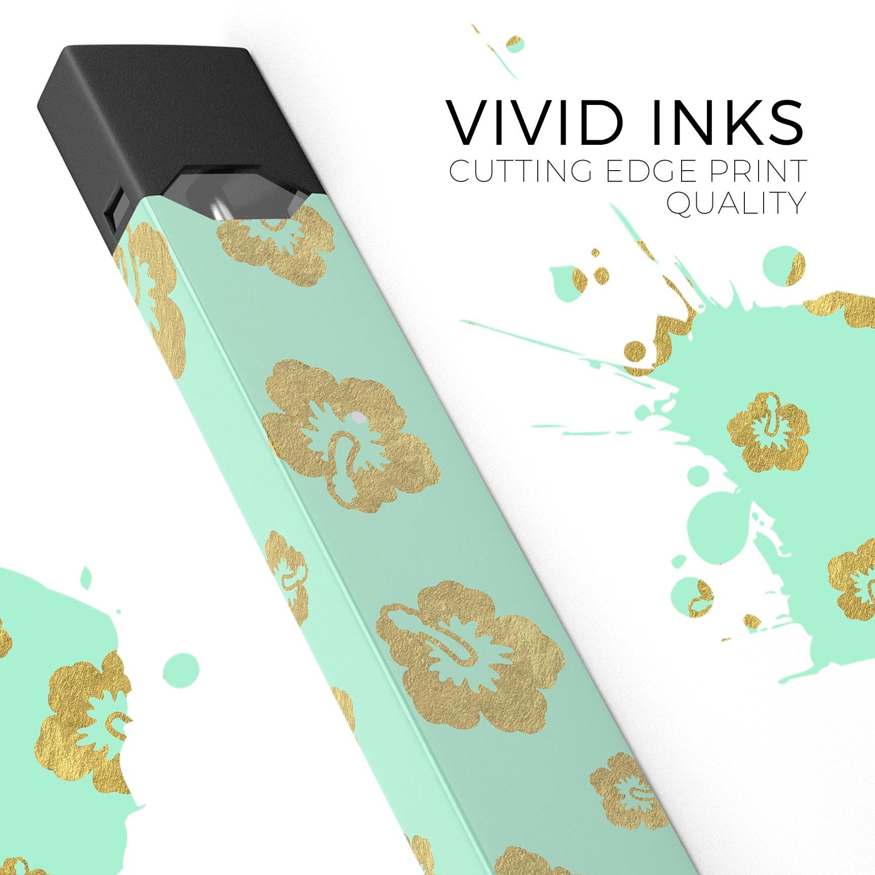 Mint and Gold Floral Premium Decal Skin-Wrap Sticker designed for JUUL vaping device, showcasing floral patterns and vibrant colors.