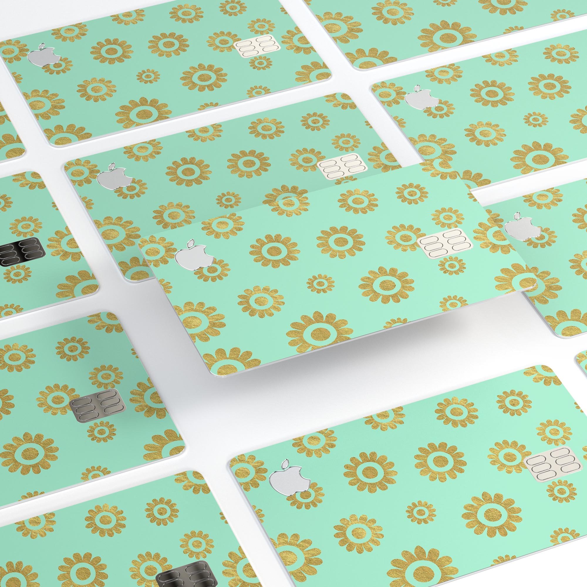 Mint and Gold Floral v10 decal skin for Apple Card, showcasing a vibrant floral design on a premium protective vinyl.