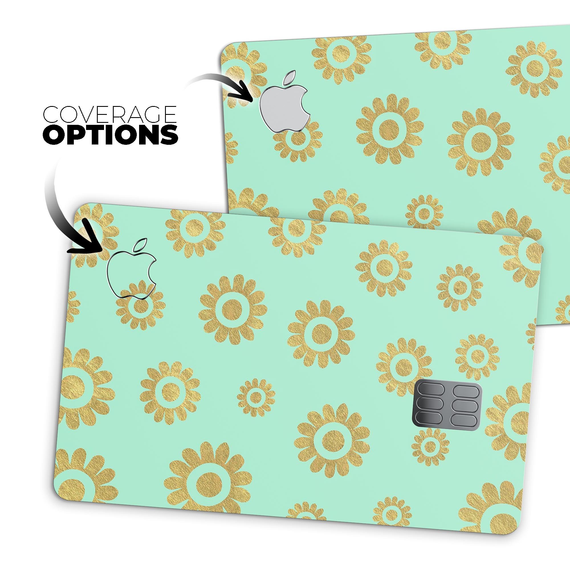 Mint and Gold Floral v10 decal skin for Apple Card, showcasing a vibrant floral design on a premium protective vinyl.