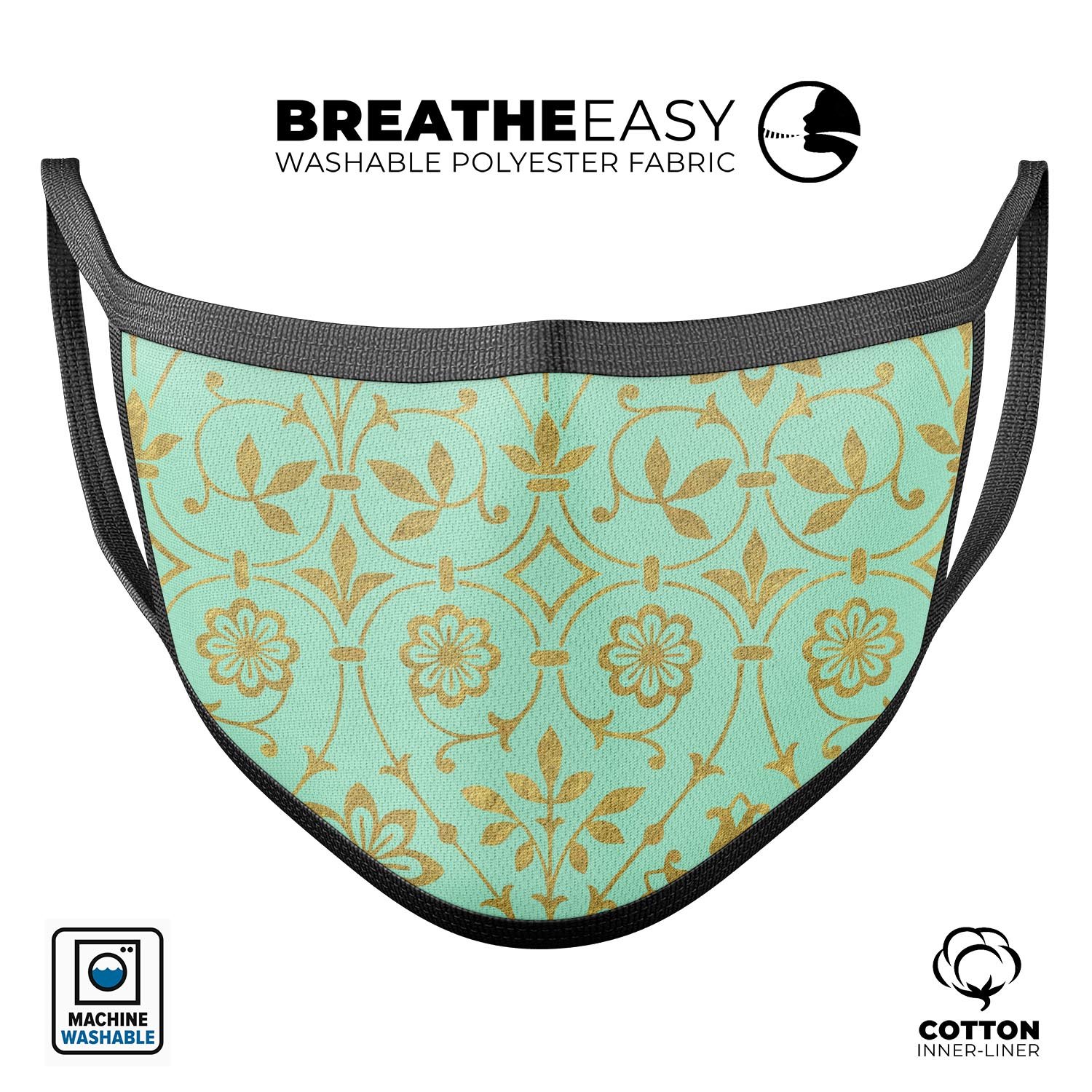 Mint and Gold Floral v12 mouth cover, featuring a stylish floral design, adjustable ear loops, and made from soft cotton material.