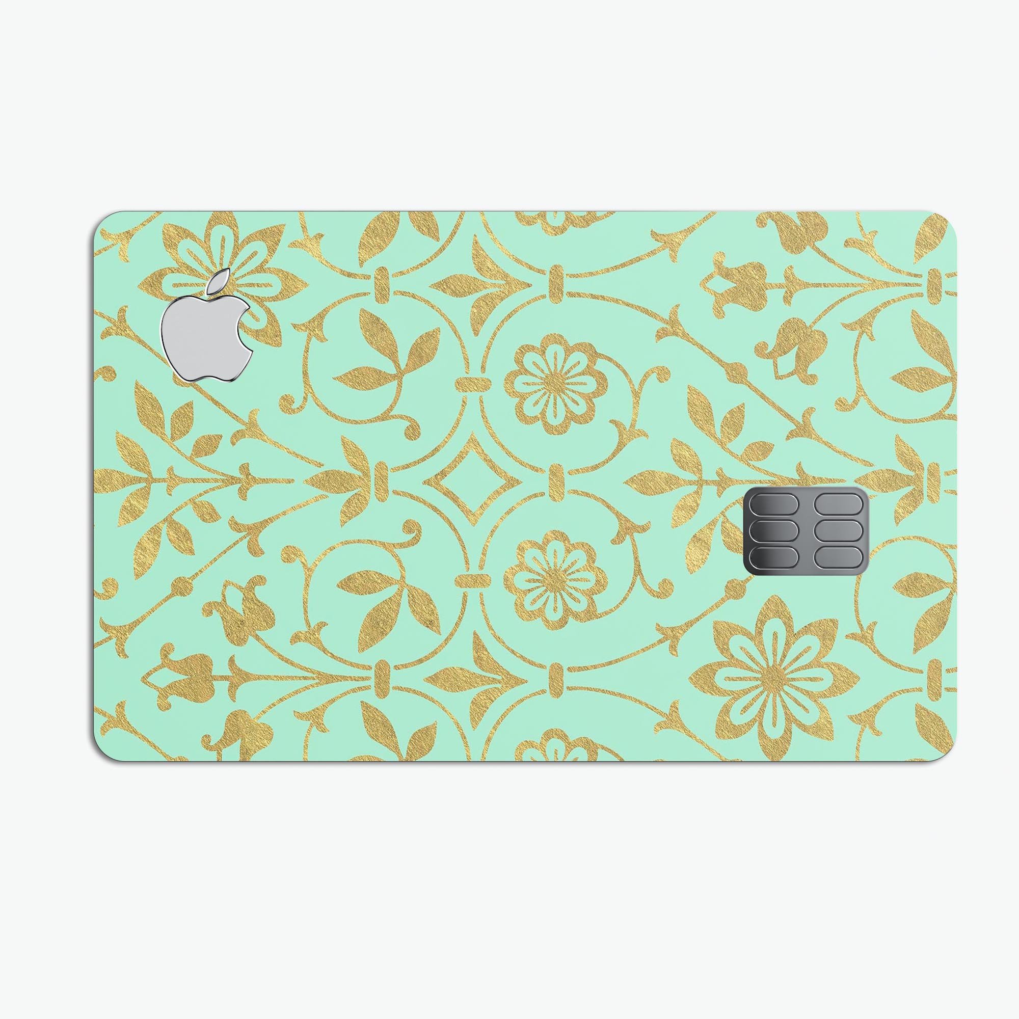 Mint and Gold Floral v12 decal skin for Apple Card, showcasing a vibrant floral design on premium vinyl.