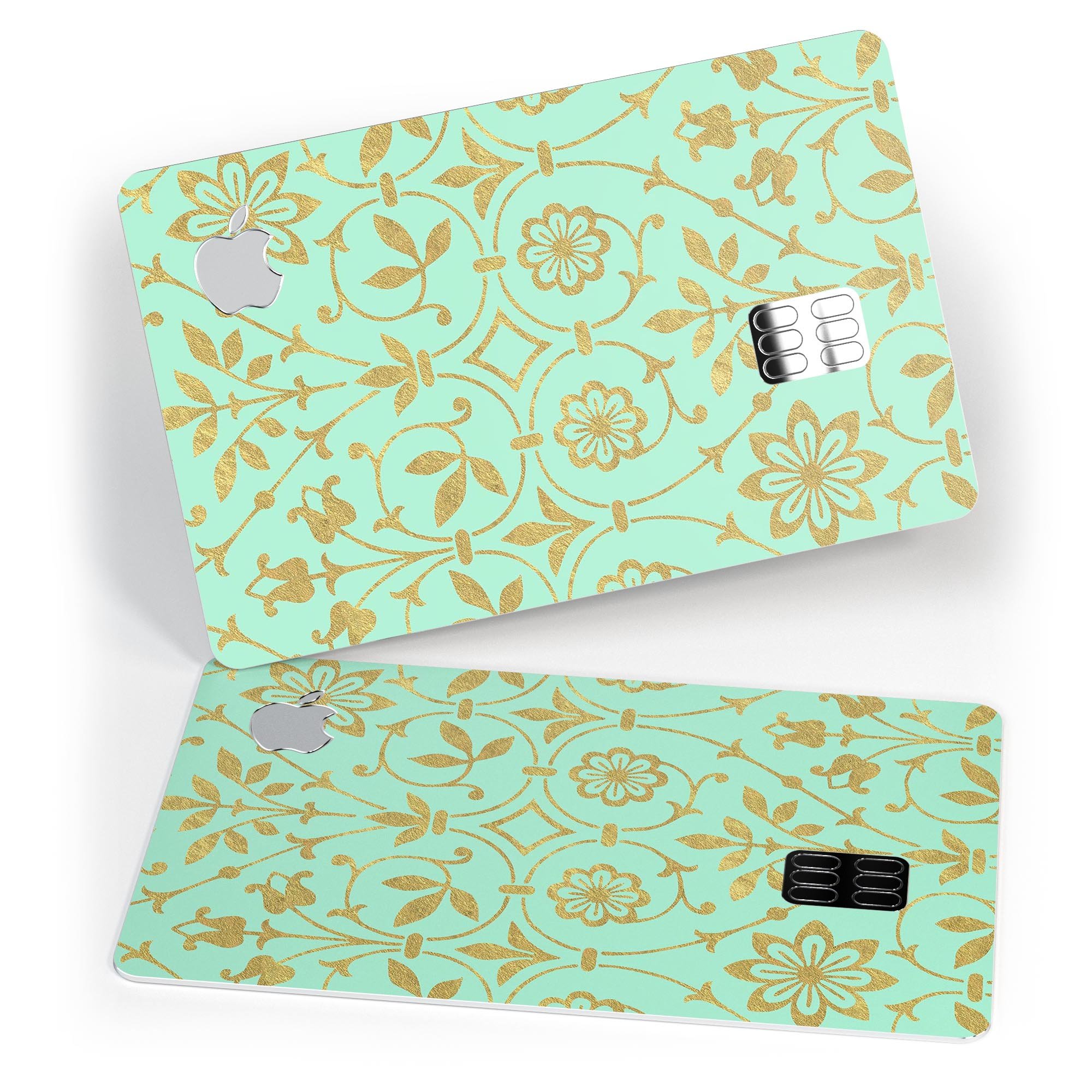 Mint and Gold Floral v12 decal skin for Apple Card, showcasing a vibrant floral design on premium vinyl.