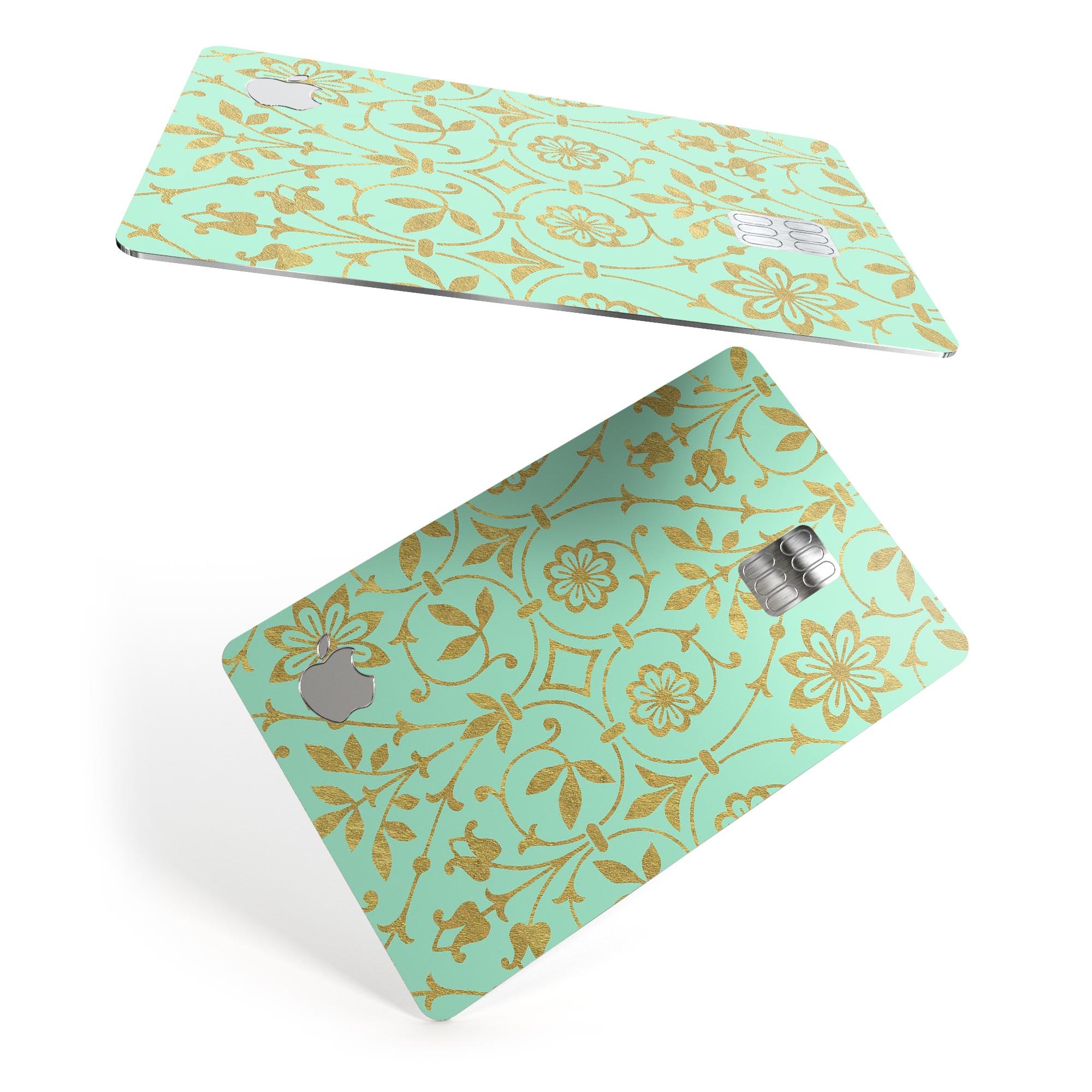 Mint and Gold Floral v12 decal skin for Apple Card, showcasing a vibrant floral design on premium vinyl.