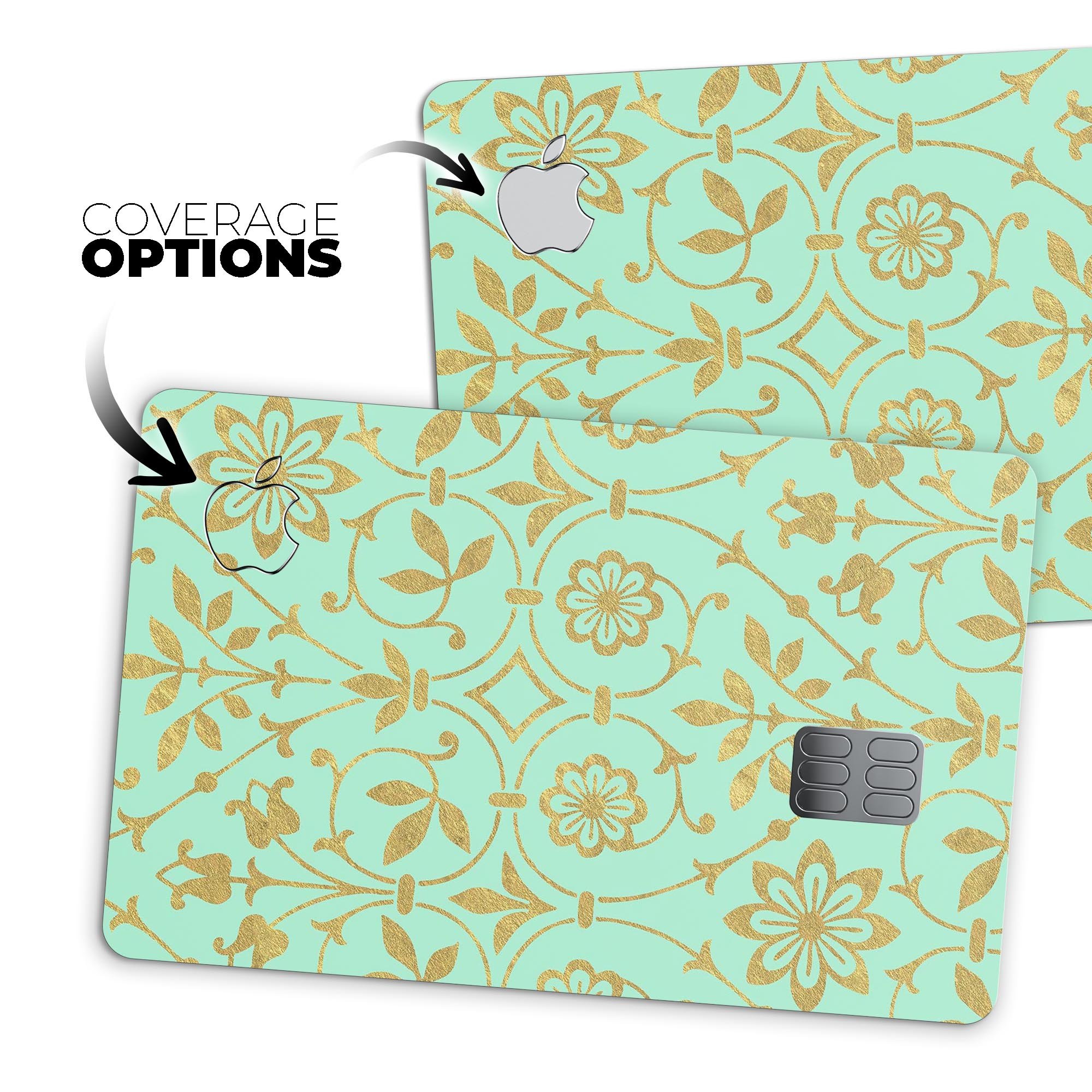 Mint and Gold Floral v12 decal skin for Apple Card, showcasing a vibrant floral design on premium vinyl.