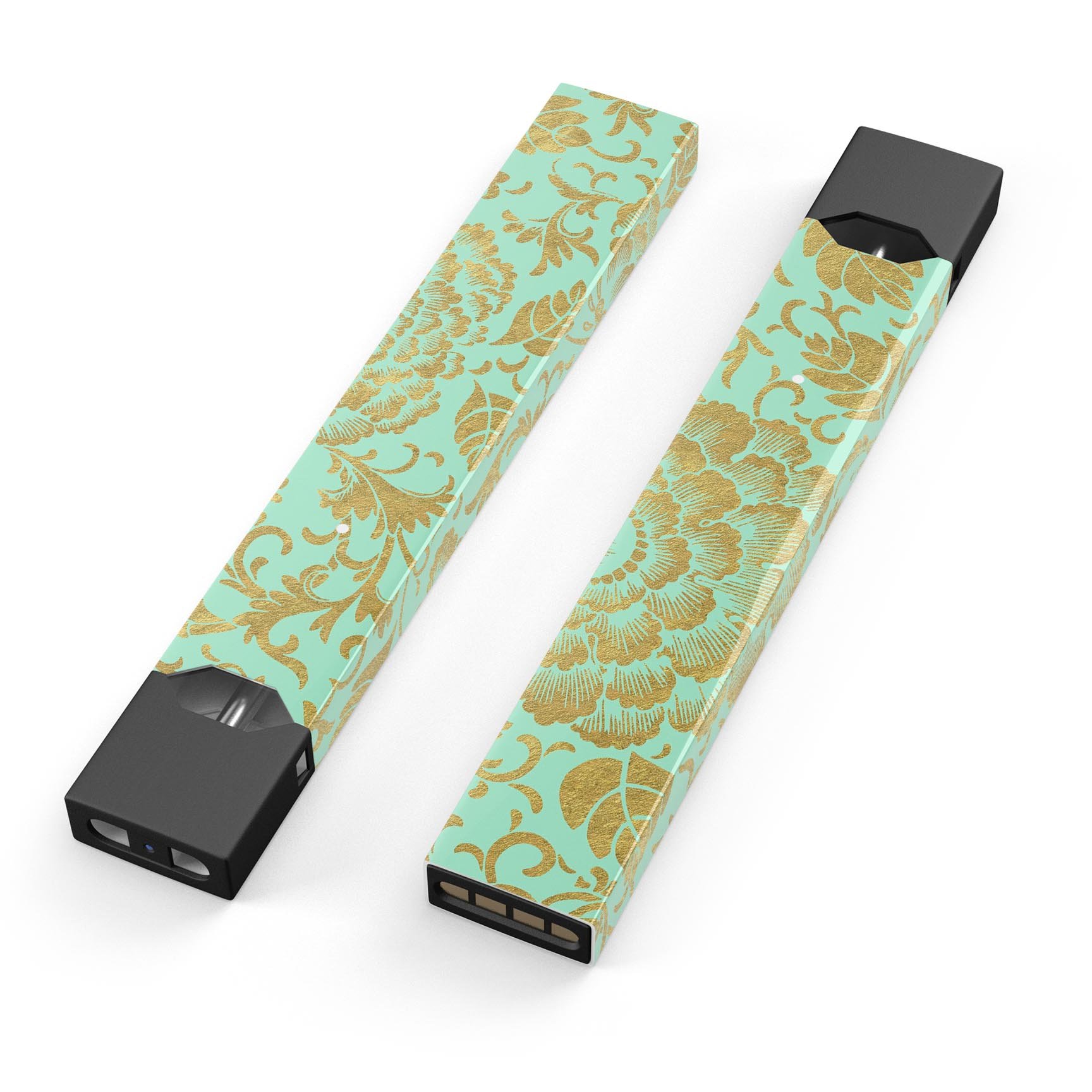 Mint and Gold Floral v2 skin-wrap sticker designed for JUUL vaping device, showcasing floral patterns and premium quality.