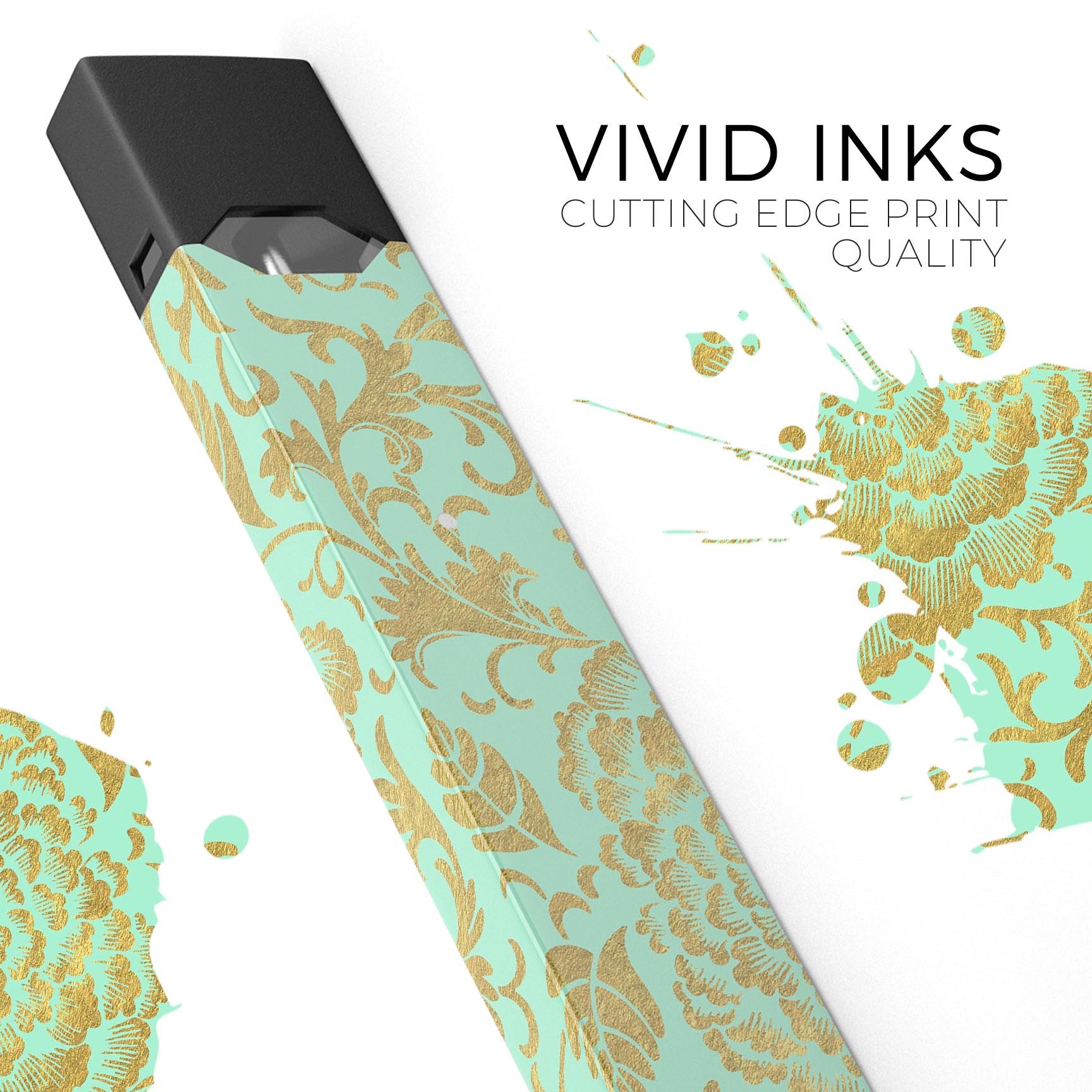 Mint and Gold Floral v2 skin-wrap sticker designed for JUUL vaping device, showcasing floral patterns and premium quality.