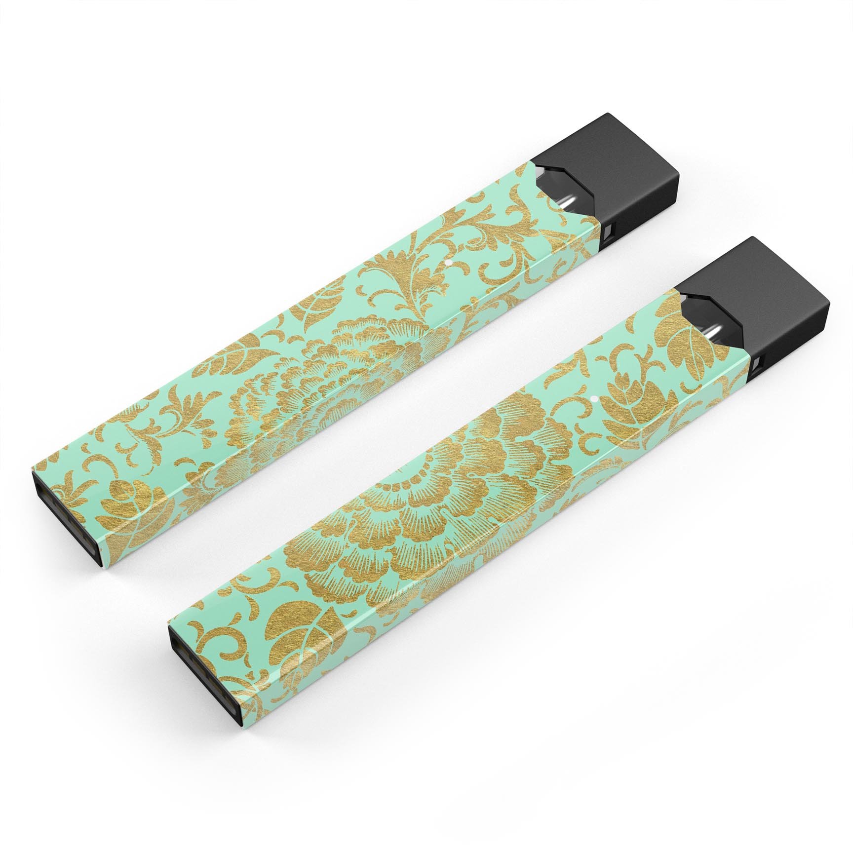 Mint and Gold Floral v2 skin-wrap sticker designed for JUUL vaping device, showcasing floral patterns and premium quality.