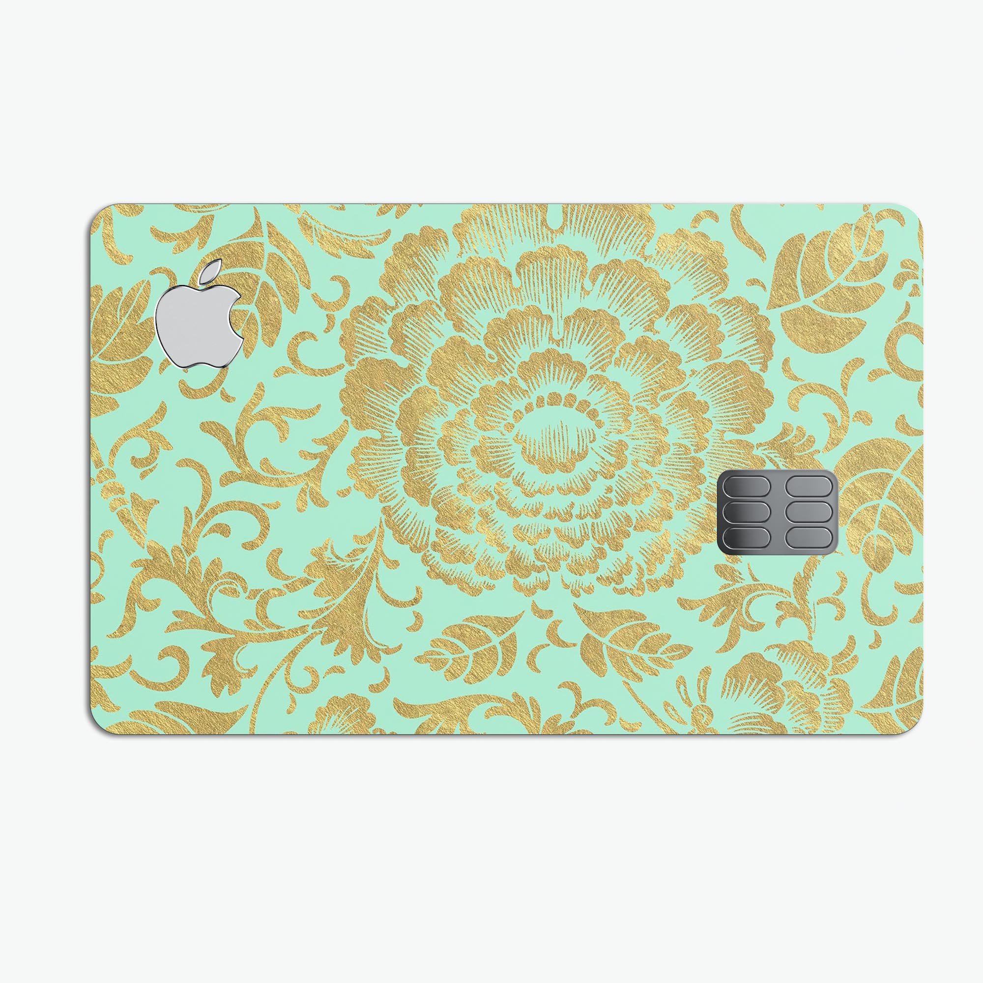 Mint and Gold Floral v2 decal skin for Apple Card, showcasing vibrant floral design and premium vinyl material.