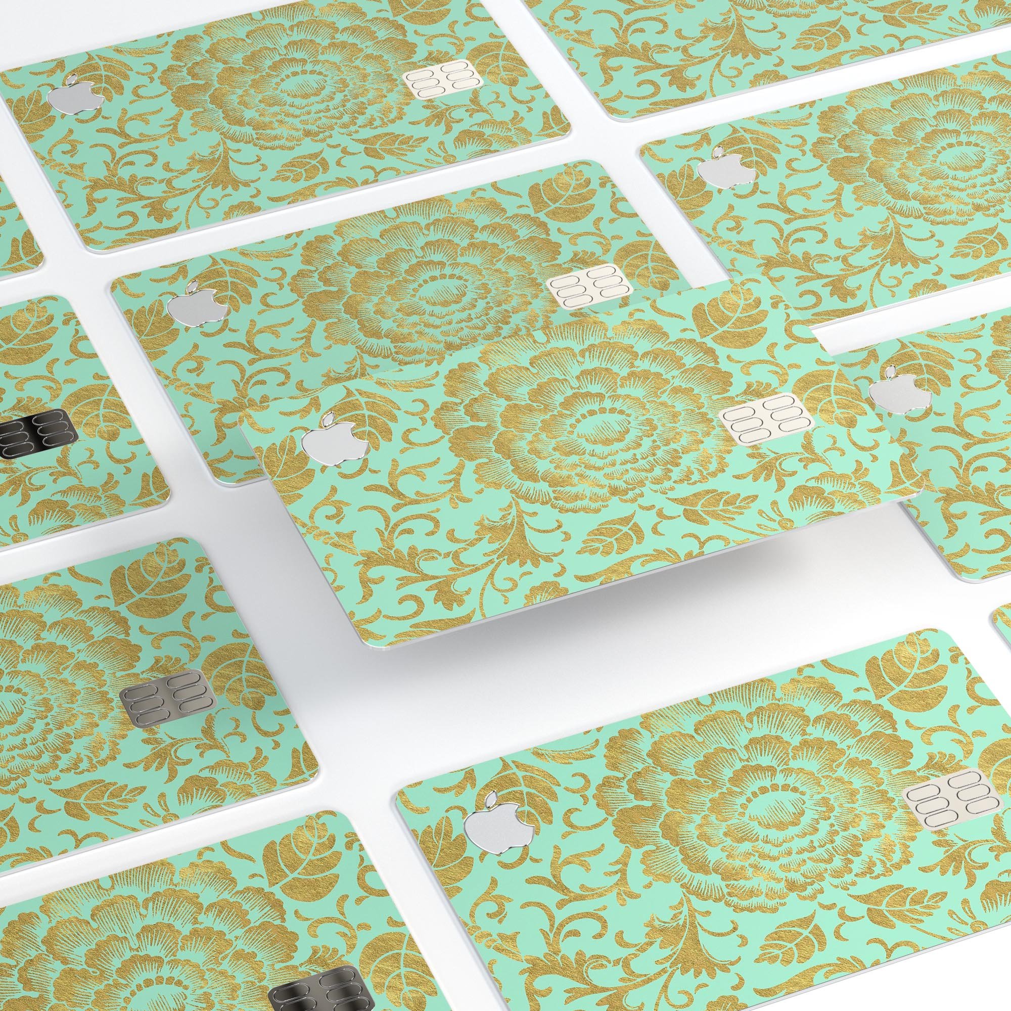 Mint and Gold Floral v2 decal skin for Apple Card, showcasing vibrant floral design and premium vinyl material.