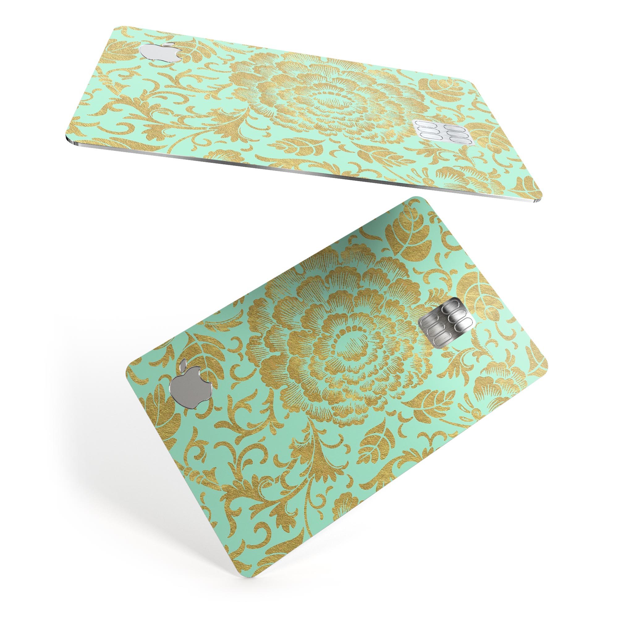 Mint and Gold Floral v2 decal skin for Apple Card, showcasing vibrant floral design and premium vinyl material.