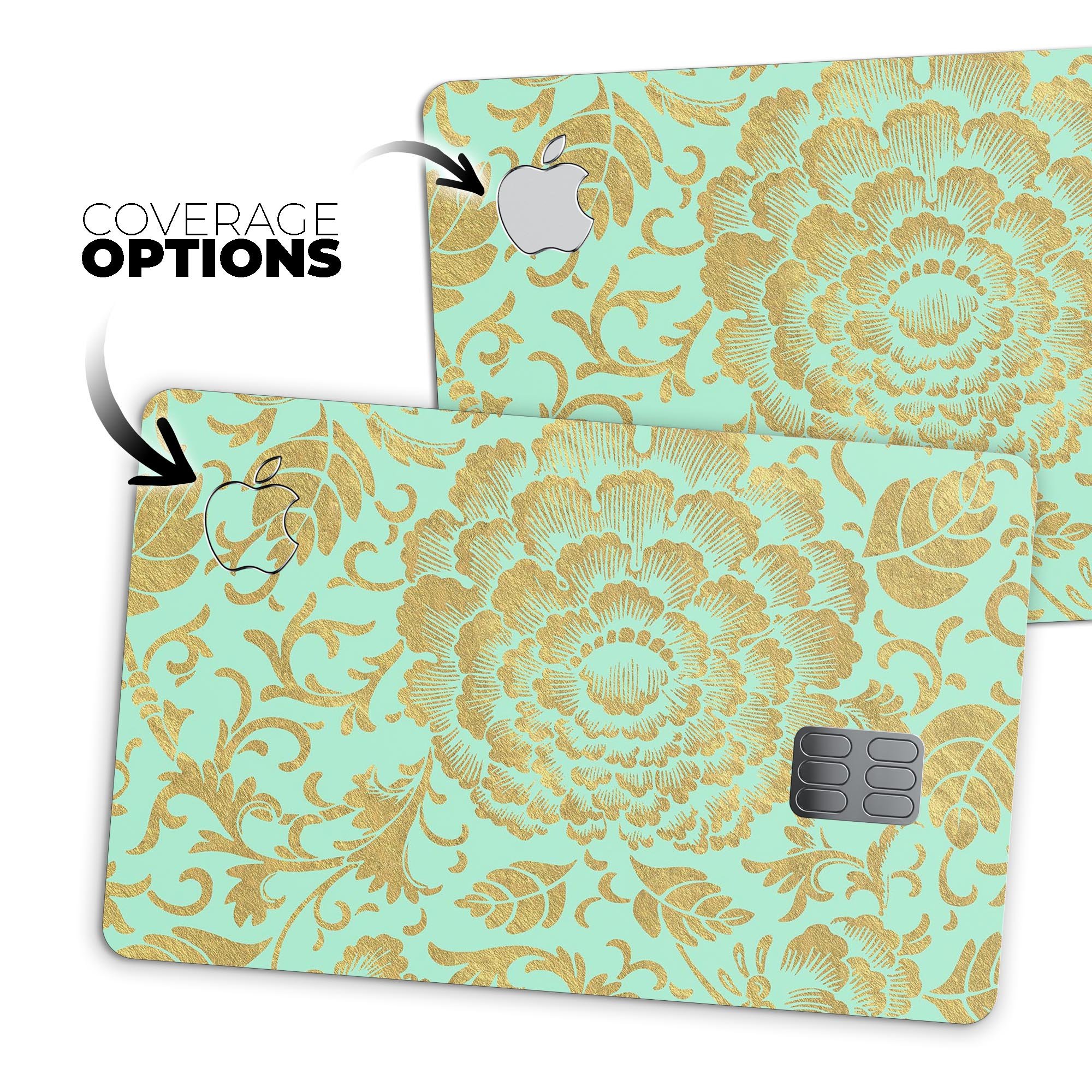 Mint and Gold Floral v2 decal skin for Apple Card, showcasing vibrant floral design and premium vinyl material.