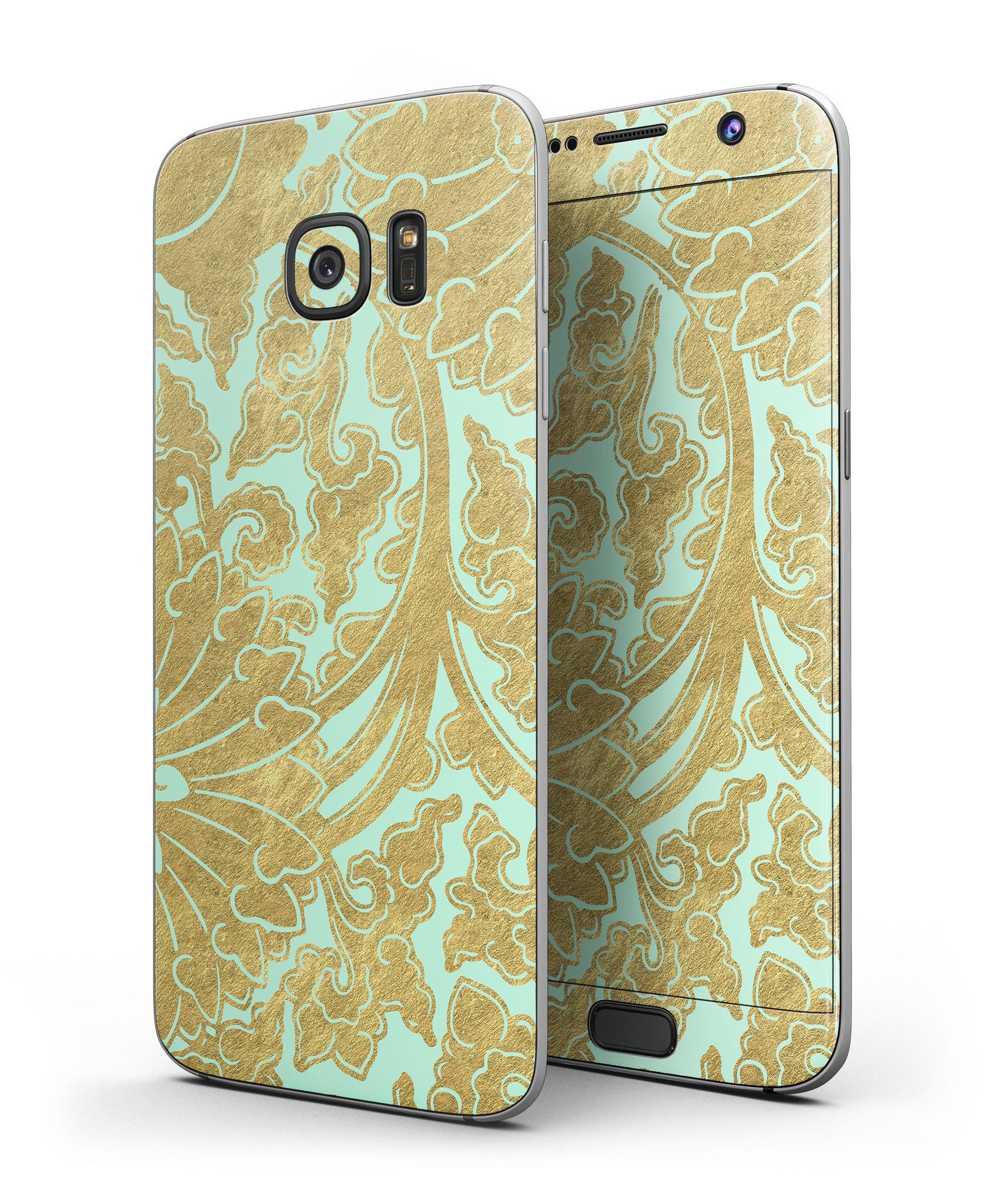 Mint and Gold Floral skin kit for Samsung Galaxy S7, showcasing vibrant floral design and premium vinyl material.