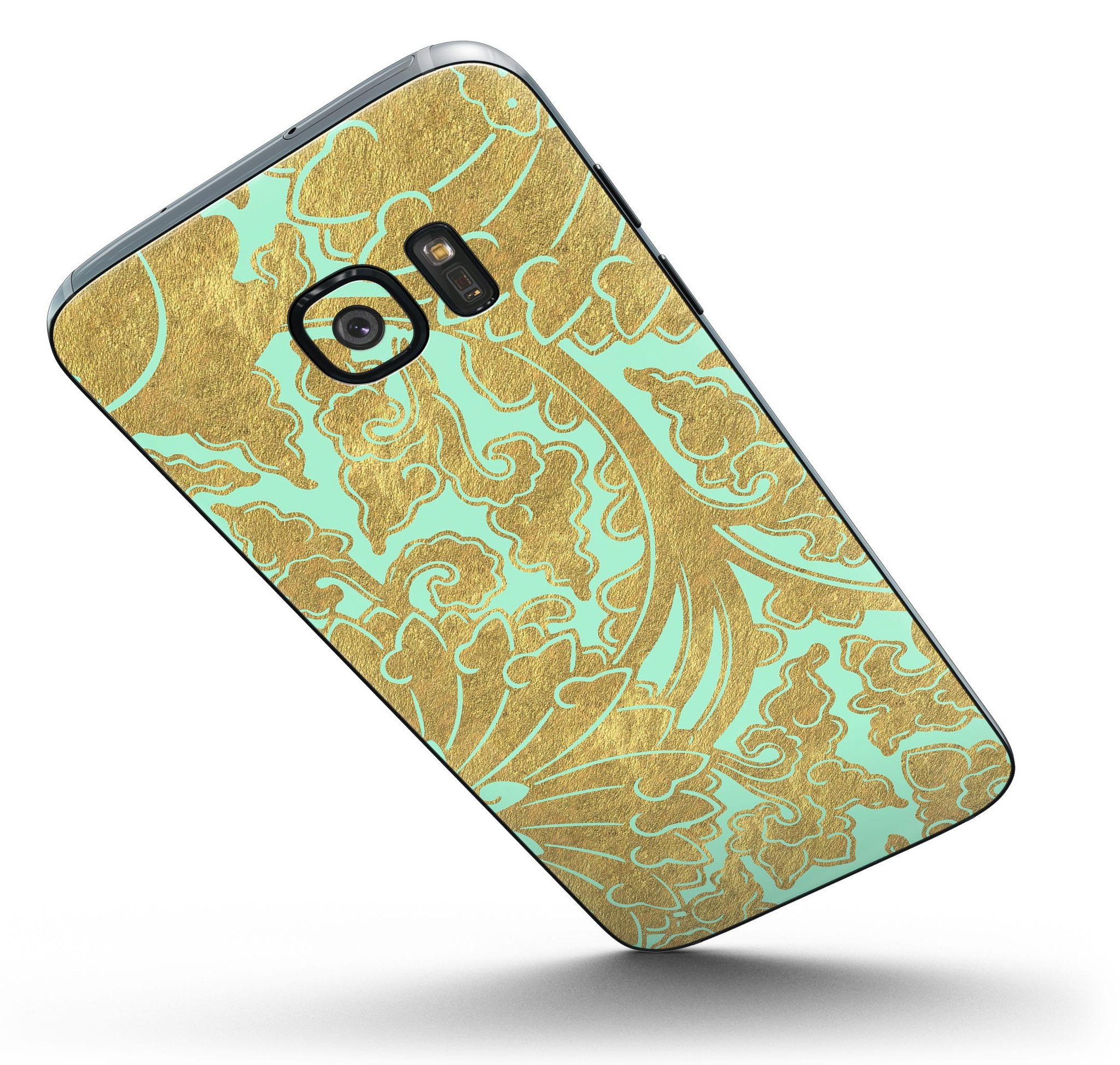 Mint and Gold Floral skin kit for Samsung Galaxy S7, showcasing vibrant floral design and premium vinyl material.