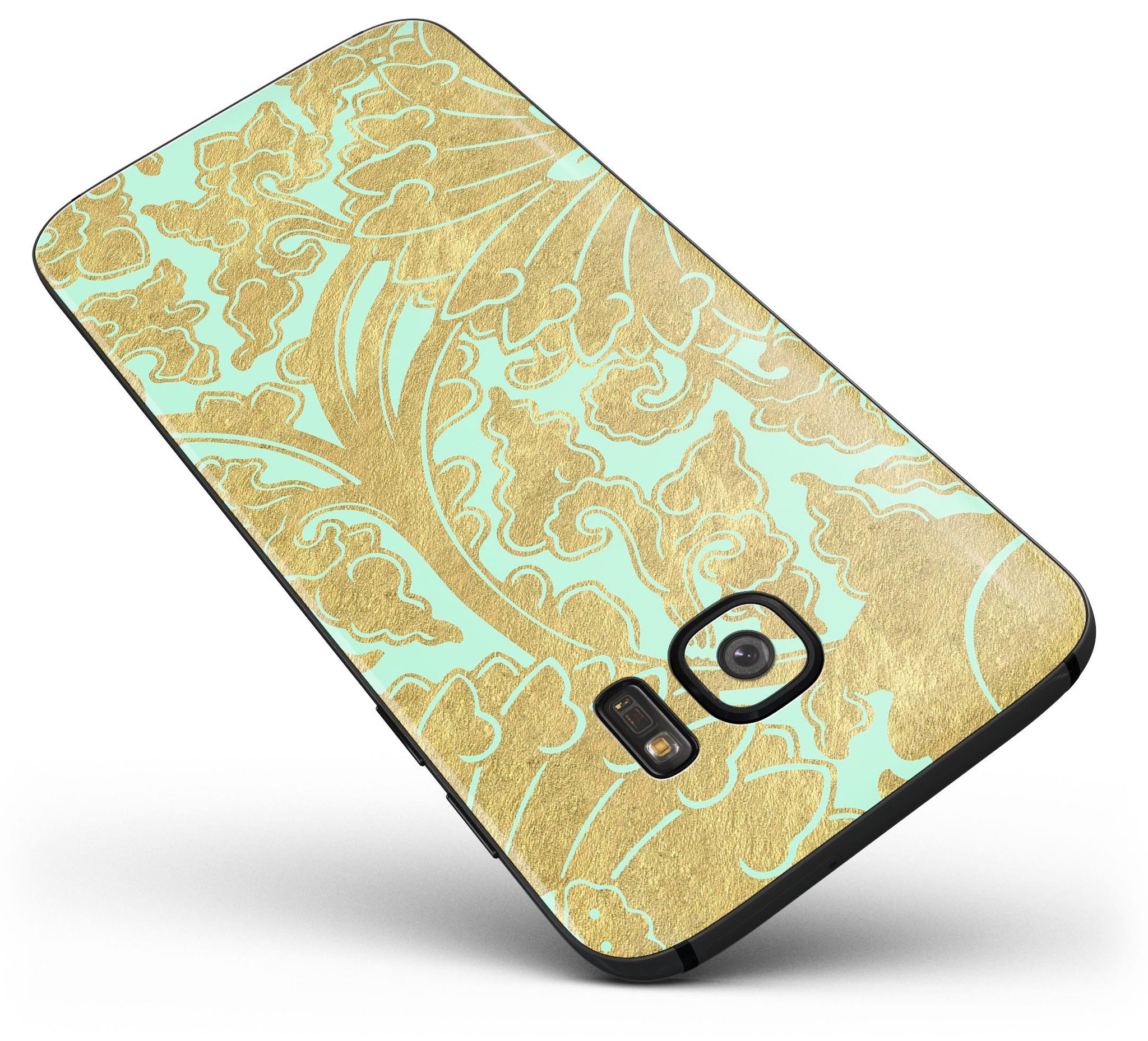 Mint and Gold Floral skin kit for Samsung Galaxy S7, showcasing vibrant floral design and premium vinyl material.