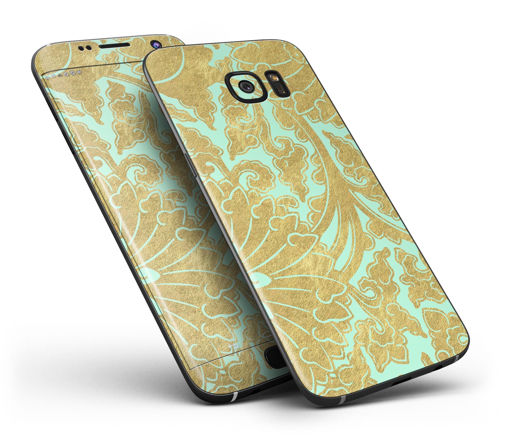 Mint and Gold Floral skin kit for Samsung Galaxy S7, showcasing vibrant floral design and premium vinyl material.