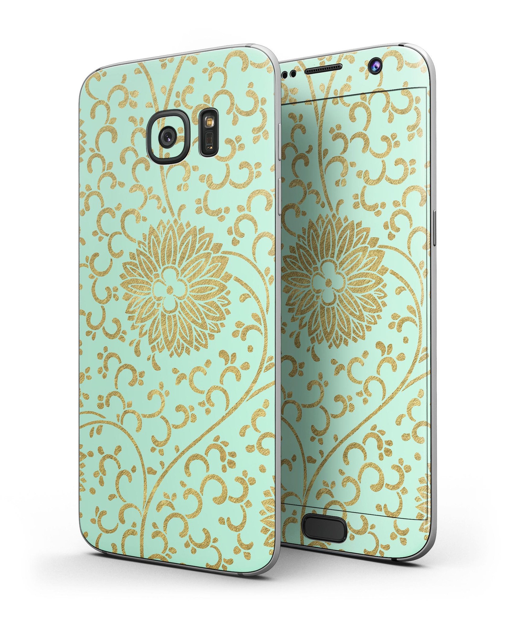 Mint and Gold Floral v5 Full Body Skin-Kit for Samsung Galaxy S7, showcasing vibrant floral design on a sleek device.