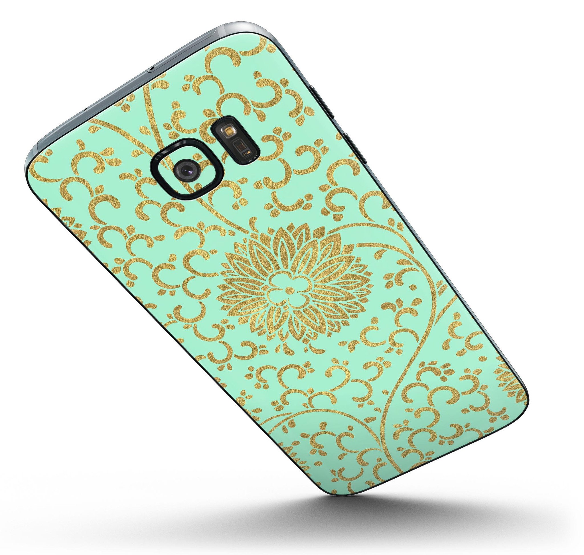 Mint and Gold Floral v5 Full Body Skin-Kit for Samsung Galaxy S7, showcasing vibrant floral design on a sleek device.