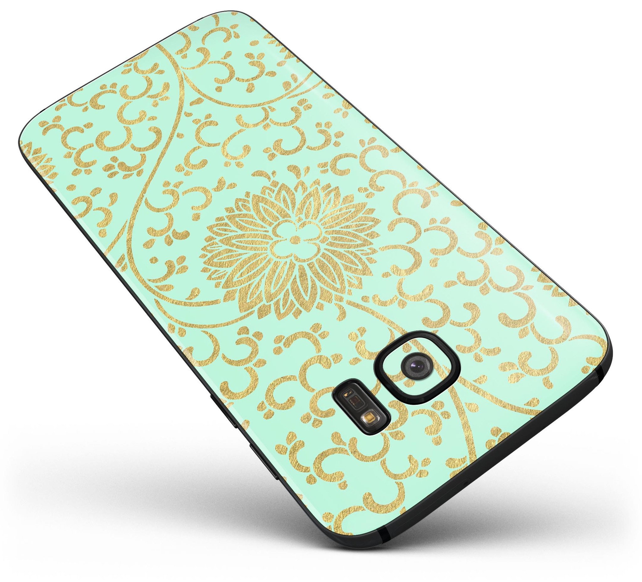 Mint and Gold Floral v5 Full Body Skin-Kit for Samsung Galaxy S7, showcasing vibrant floral design on a sleek device.