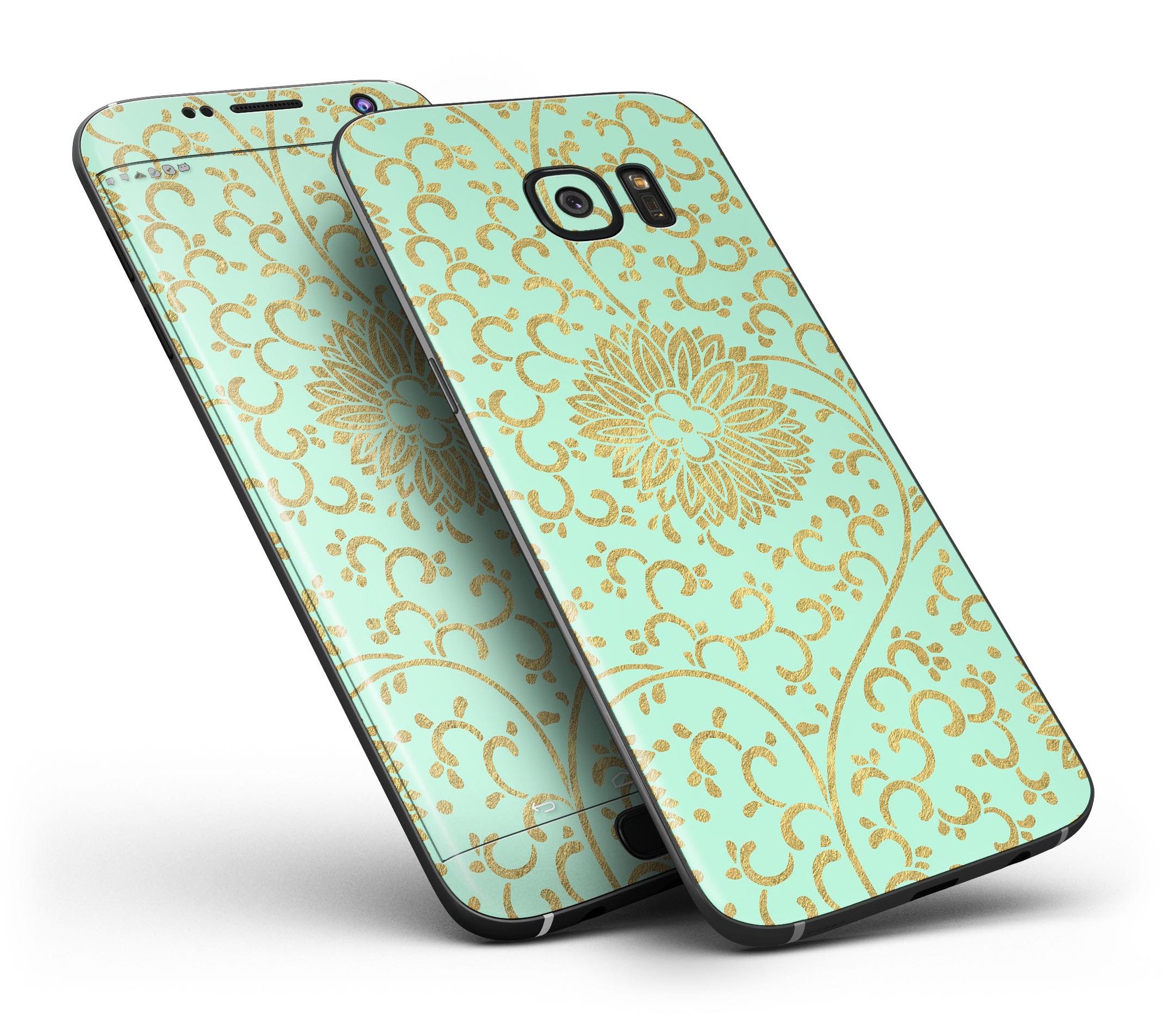 Mint and Gold Floral v5 Full Body Skin-Kit for Samsung Galaxy S7, showcasing vibrant floral design on a sleek device.