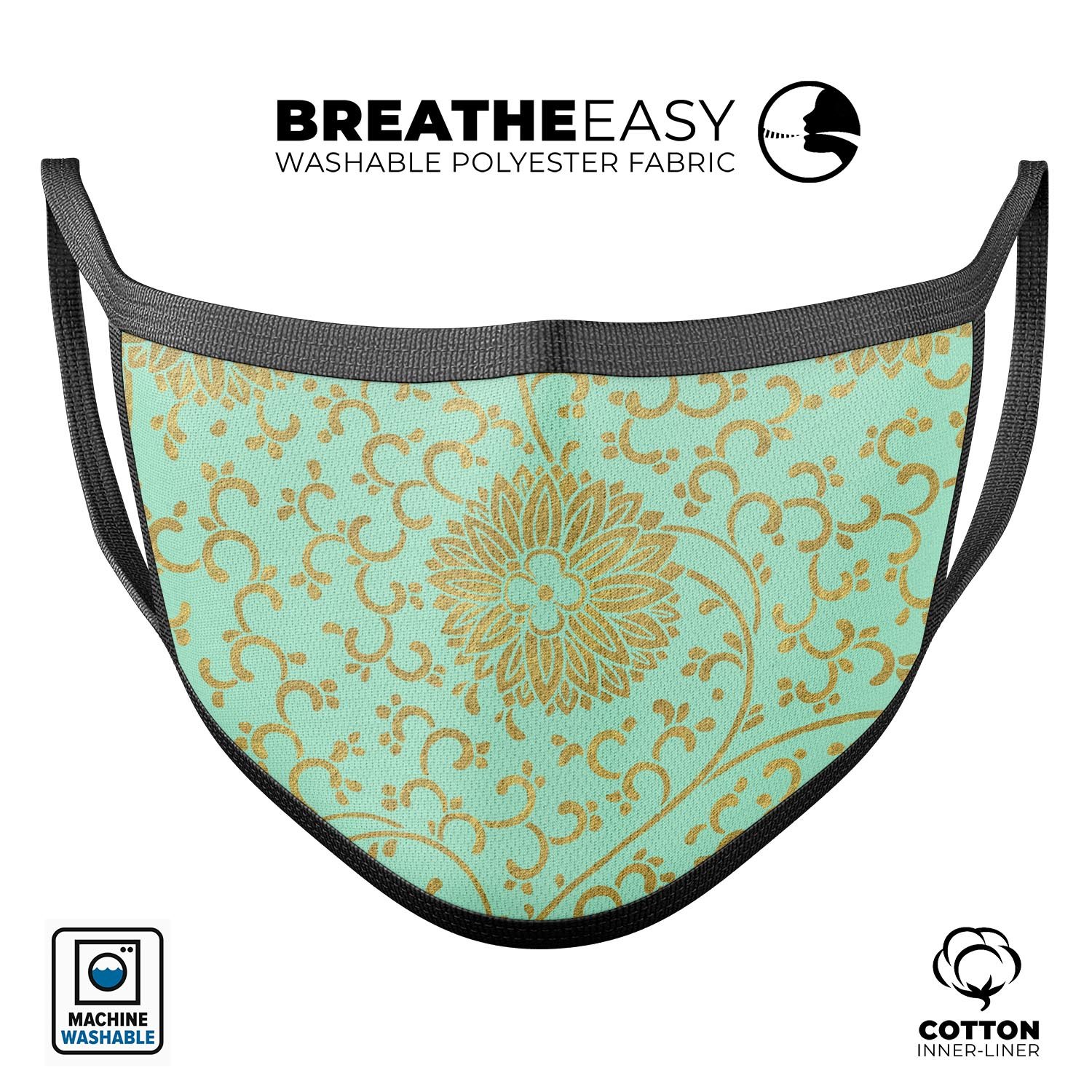 Mint and Gold Floral v5 mouth cover, featuring a vibrant floral design, adjustable ear-loop bands, and made from soft cotton for comfort.